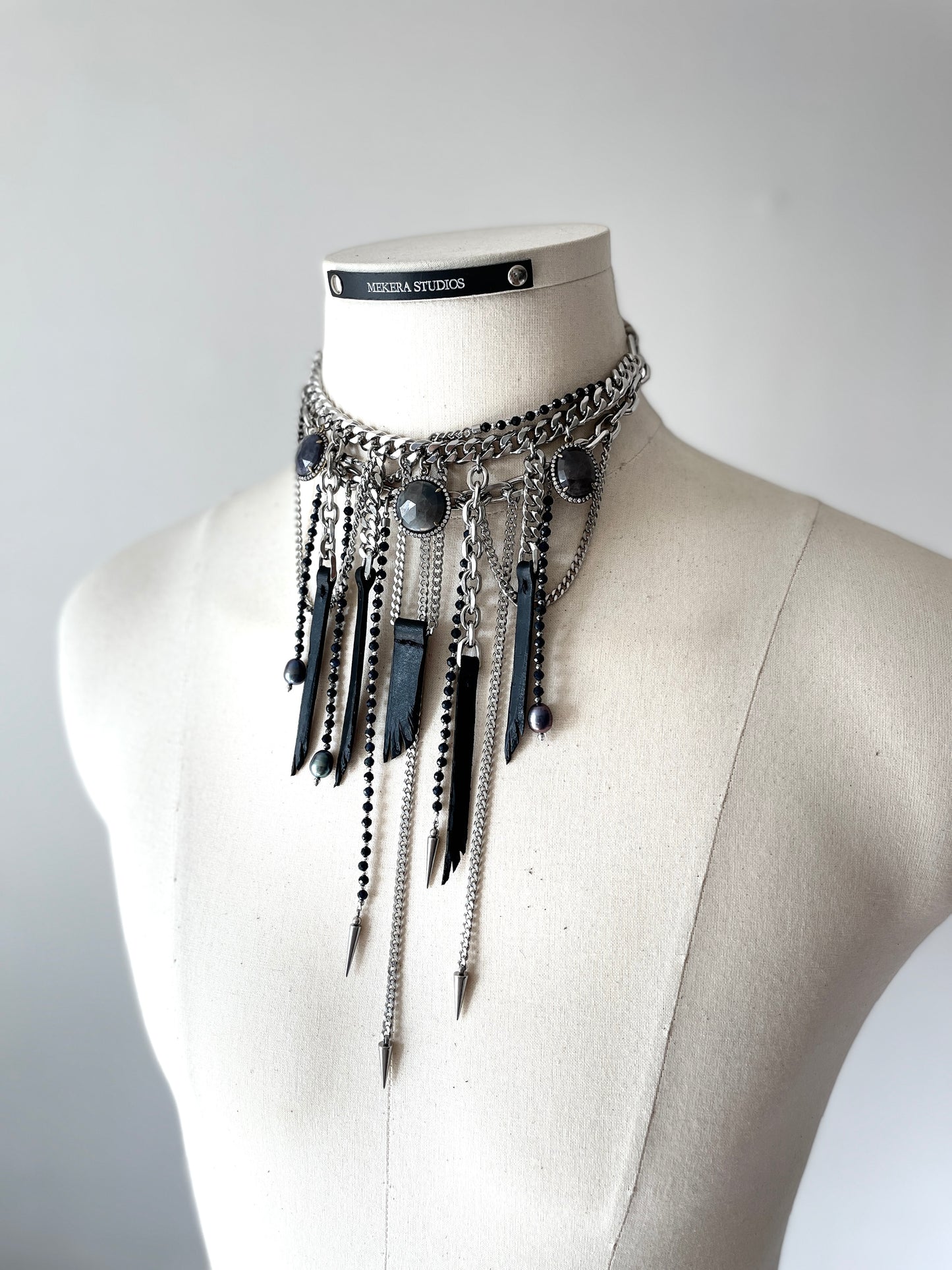 Wings7 - SOAR collection Sapphire Black Pearl Spike Leather Necklace Limited Edition Handcrafted - MEKERA STUDIOS