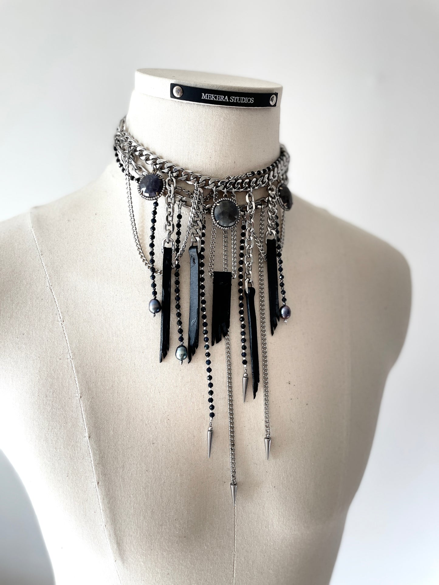 Wings7 - SOAR collection Sapphire Black Pearl Spike Leather Necklace Limited Edition Handcrafted - MEKERA STUDIOS
