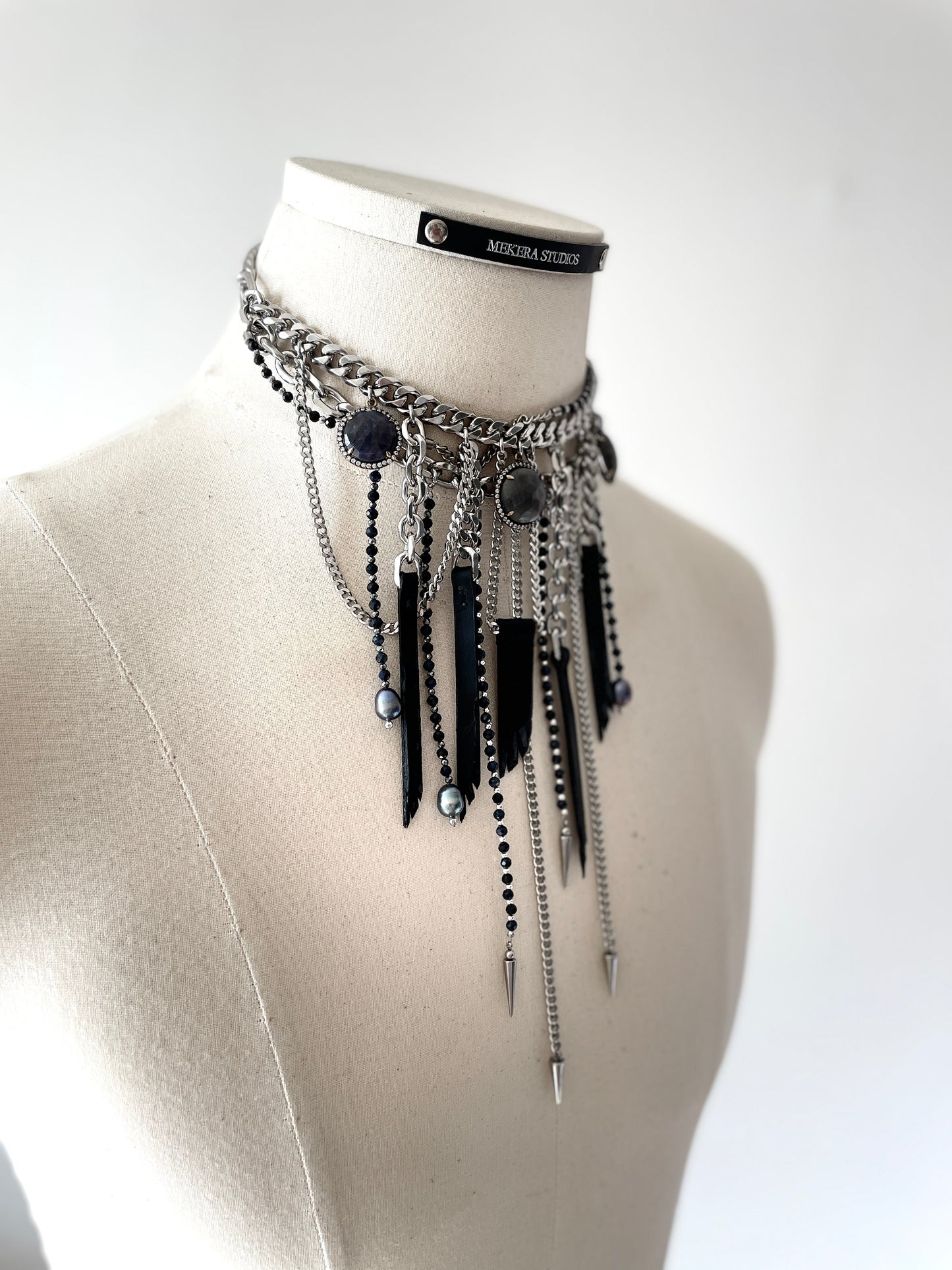 Wings7 - SOAR collection Sapphire Black Pearl Spike Leather Necklace Limited Edition Handcrafted - MEKERA STUDIOS