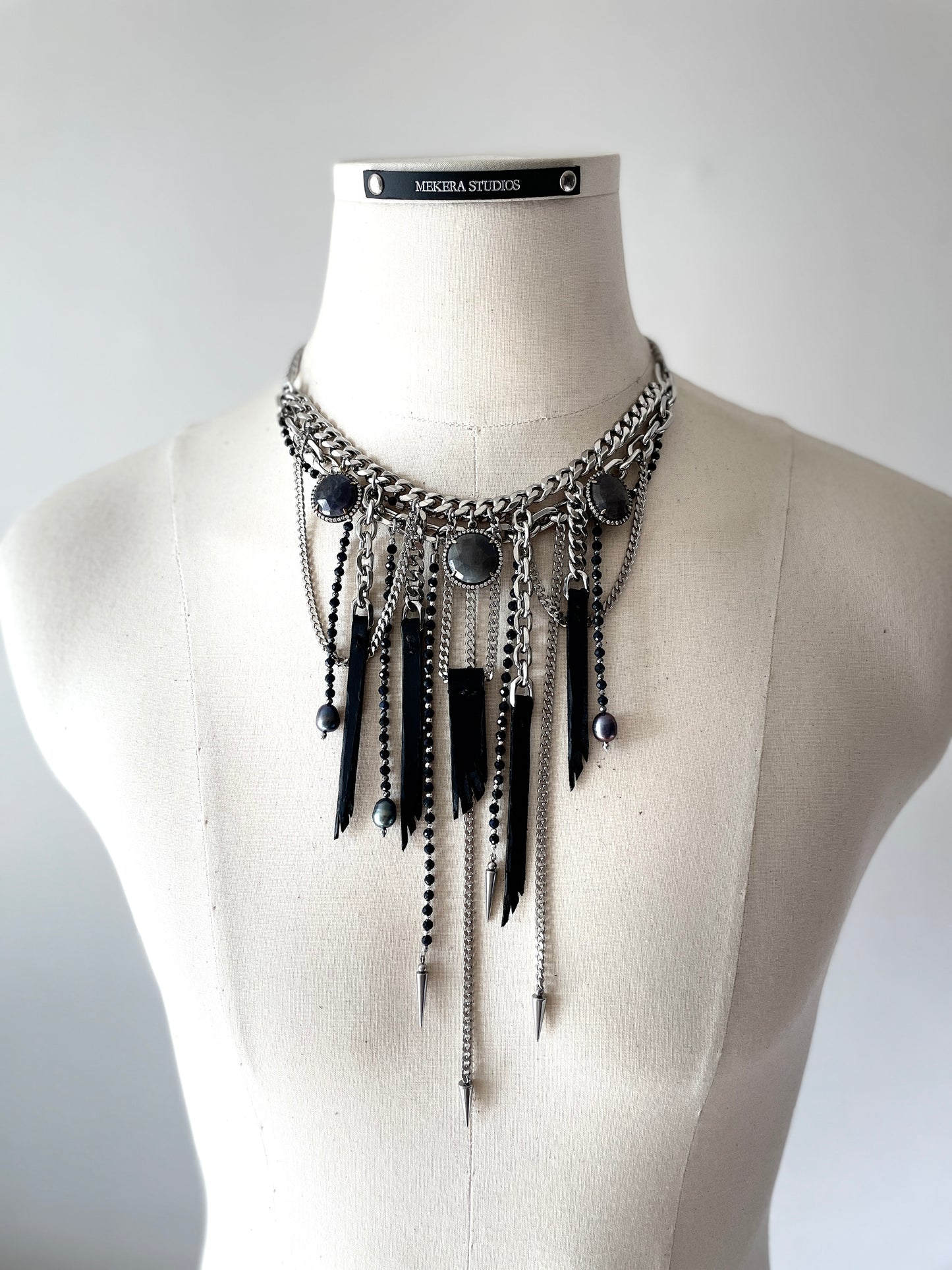 Wings7 - SOAR collection Sapphire Black Pearl Spike Leather Necklace Limited Edition Handcrafted - MEKERA STUDIOS