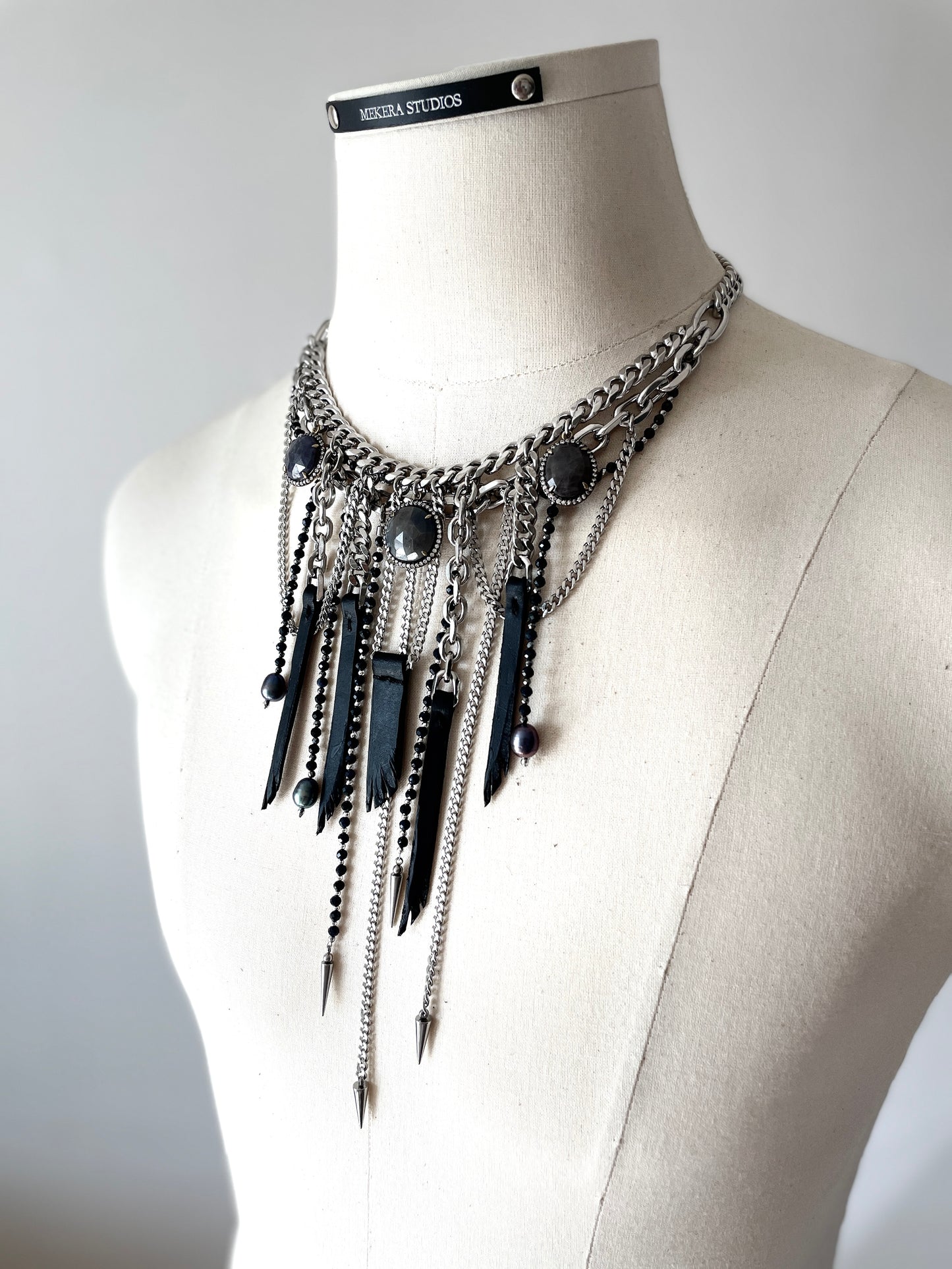Wings7 - SOAR collection Sapphire Black Pearl Spike Leather Necklace Limited Edition Handcrafted - MEKERA STUDIOS