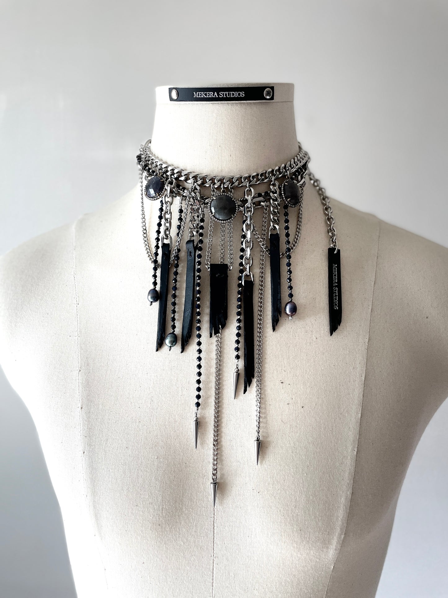 Wings7 - SOAR collection Sapphire Black Pearl Spike Leather Necklace Limited Edition Handcrafted - MEKERA STUDIOS