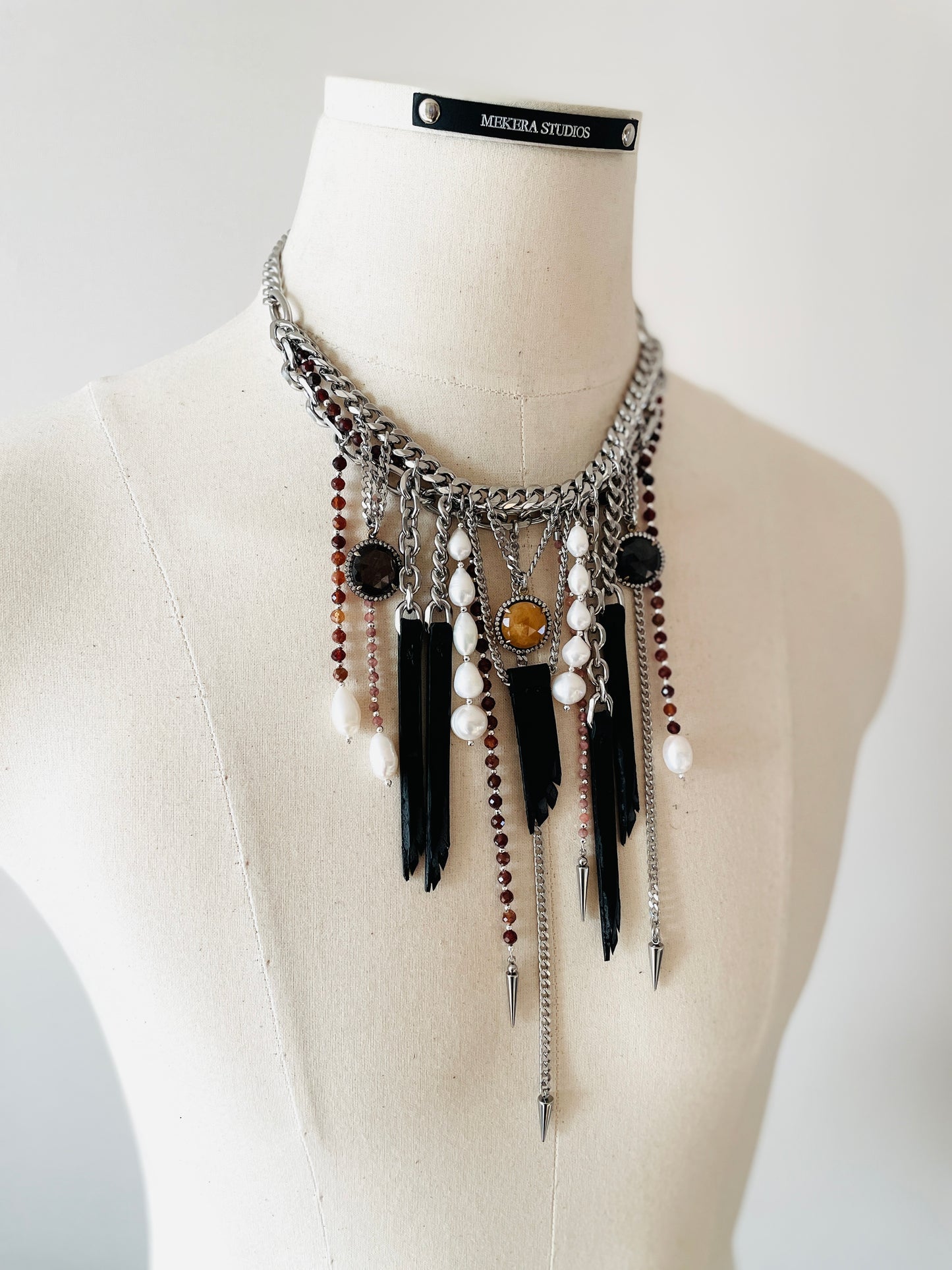 Wings8 - SOAR collection Sapphire Pearl Spike Leather Necklace Limited Edition Handcrafted - MEKERA STUDIOS