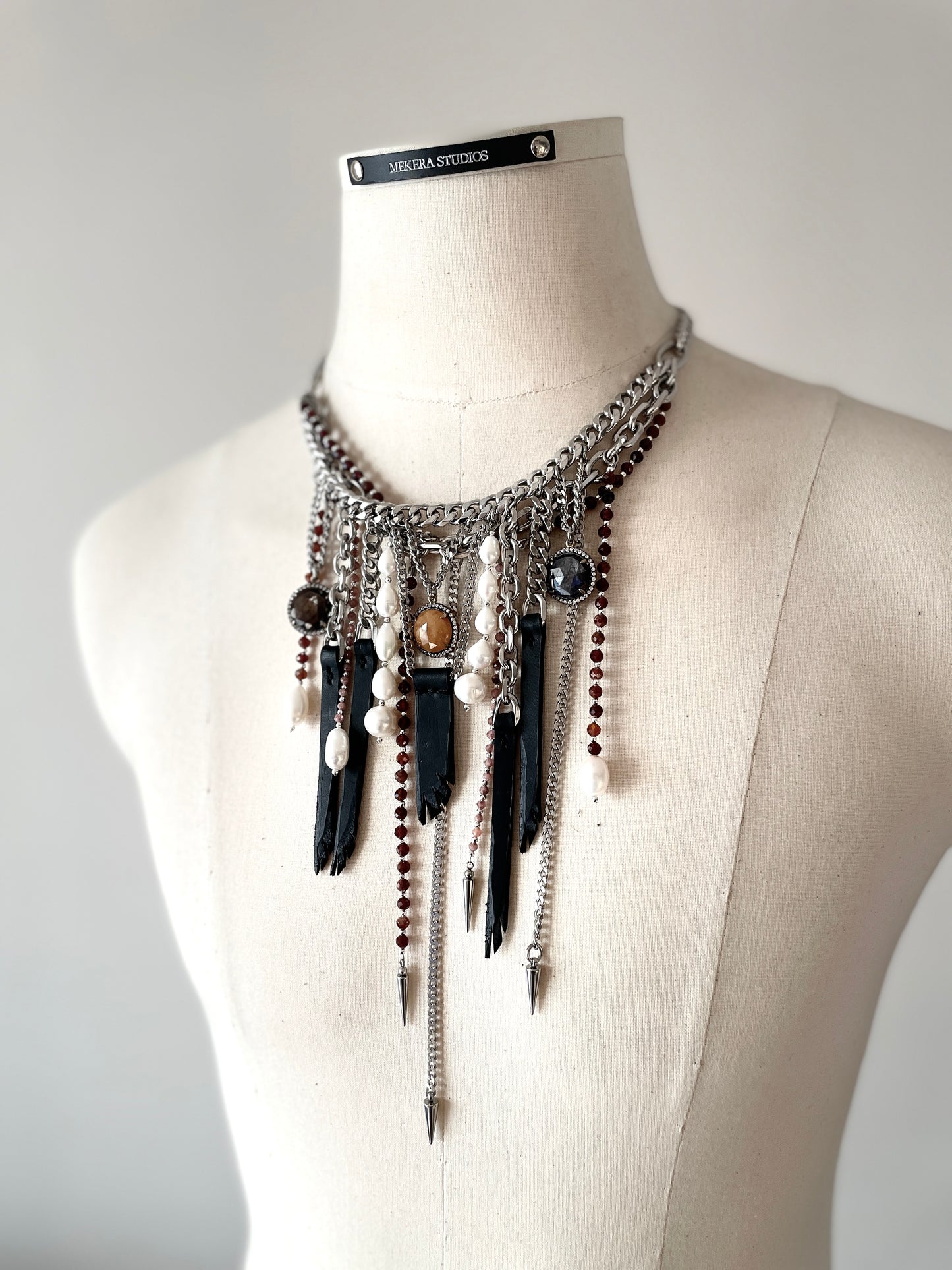 Wings8 - SOAR collection Sapphire Pearl Spike Leather Necklace Limited Edition Handcrafted - MEKERA STUDIOS