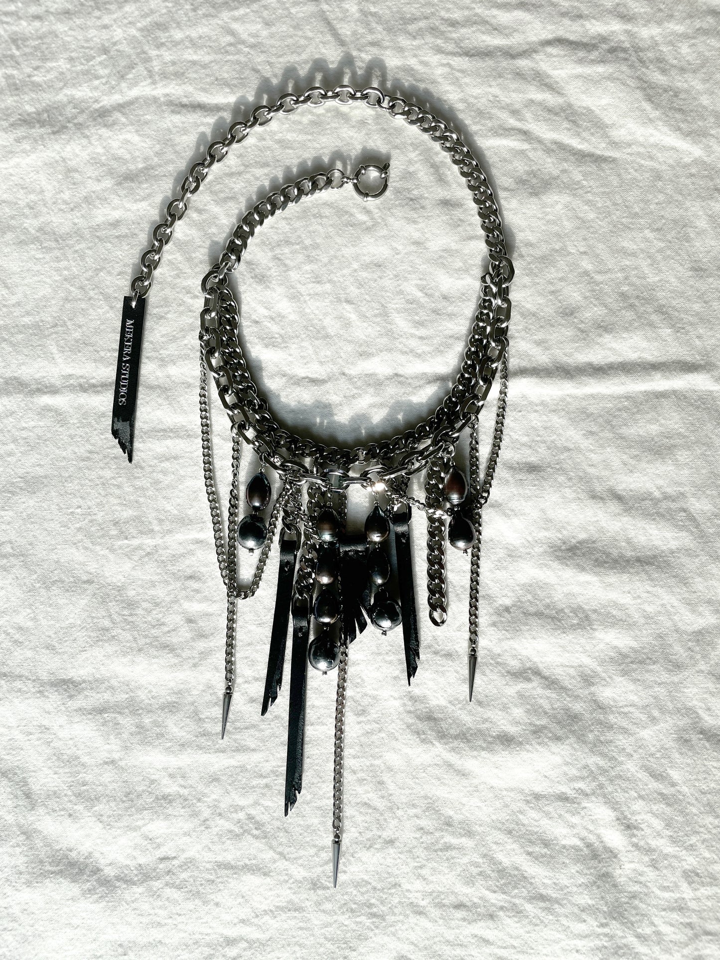 Wings6 - SOAR collection Black Pearl Spike Leather Necklace Limited Edition Handcrafted - MEKERA STUDIOS