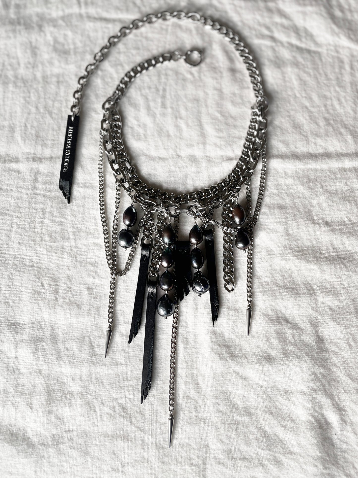 Wings6 - SOAR collection Black Pearl Spike Leather Necklace Limited Edition Handcrafted - MEKERA STUDIOS