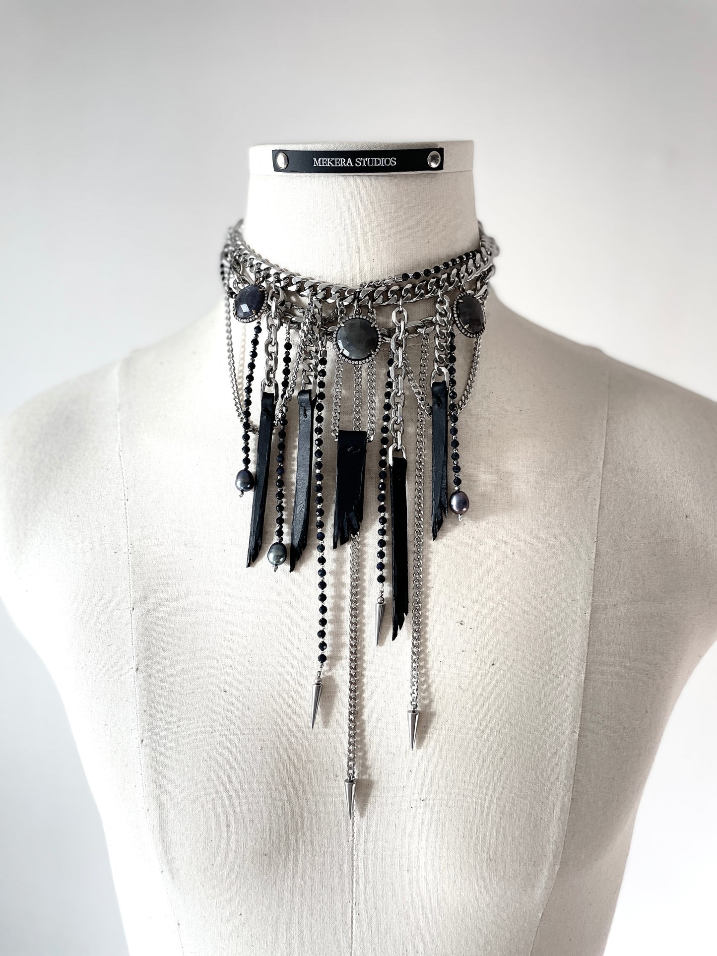 Wings7 - SOAR collection Sapphire Black Pearl Spike Leather Necklace Limited Edition Handcrafted - MEKERA STUDIOS