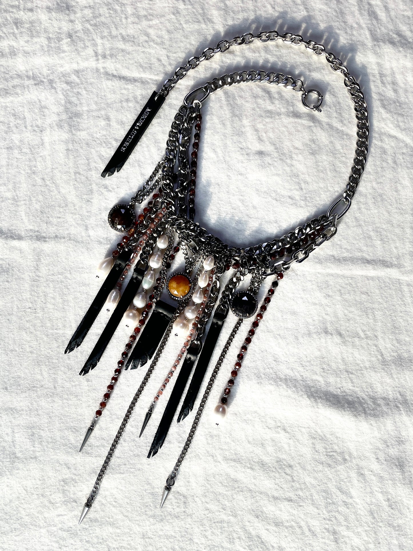 Wings8 - SOAR collection Sapphire Pearl Spike Leather Necklace Limited Edition Handcrafted - MEKERA STUDIOS