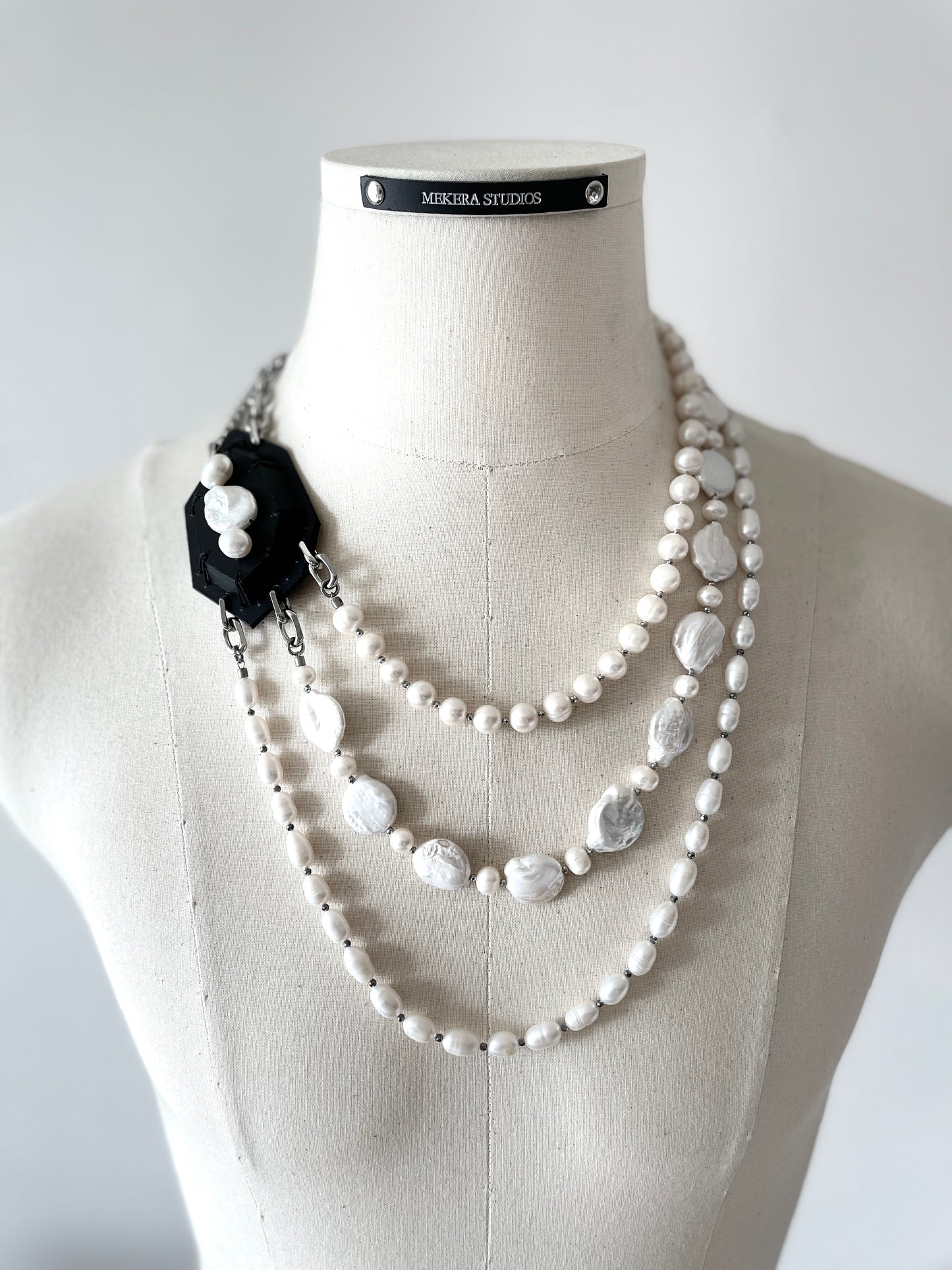 Mekera Cut Leather Stone Pearl 1 - Limited Edition Handcrafted Necklace MEKERA STUDIOS