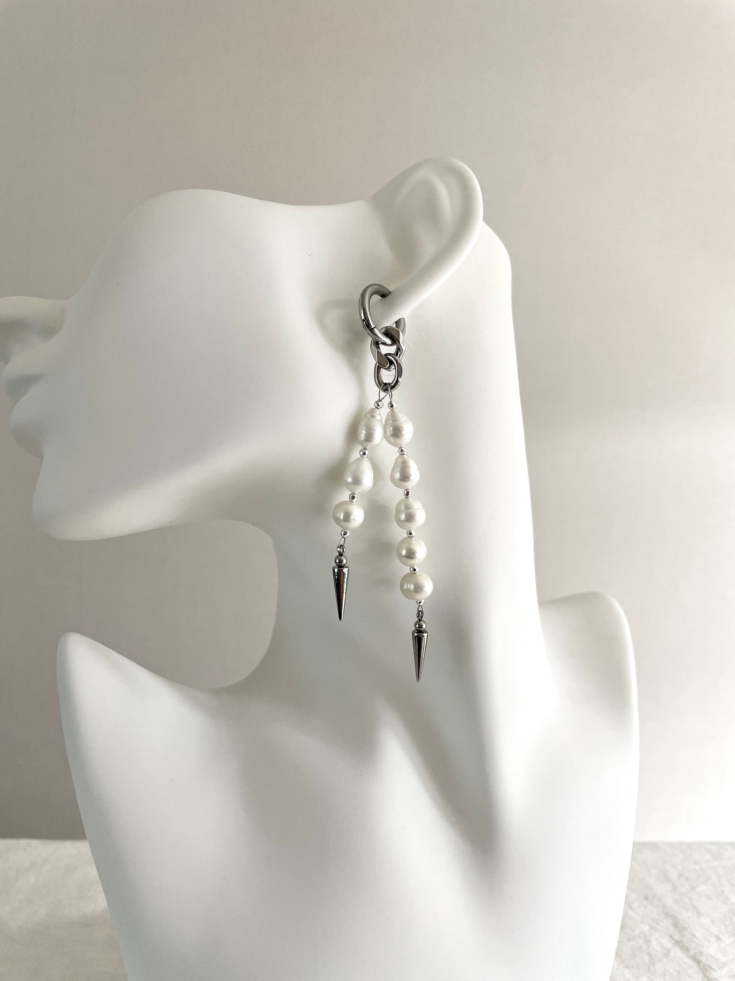 Ear Couture collection Pearl Spike earrings long chain drop EC-8 Limited Edition Handcrafted - MEKERA STUDIOS