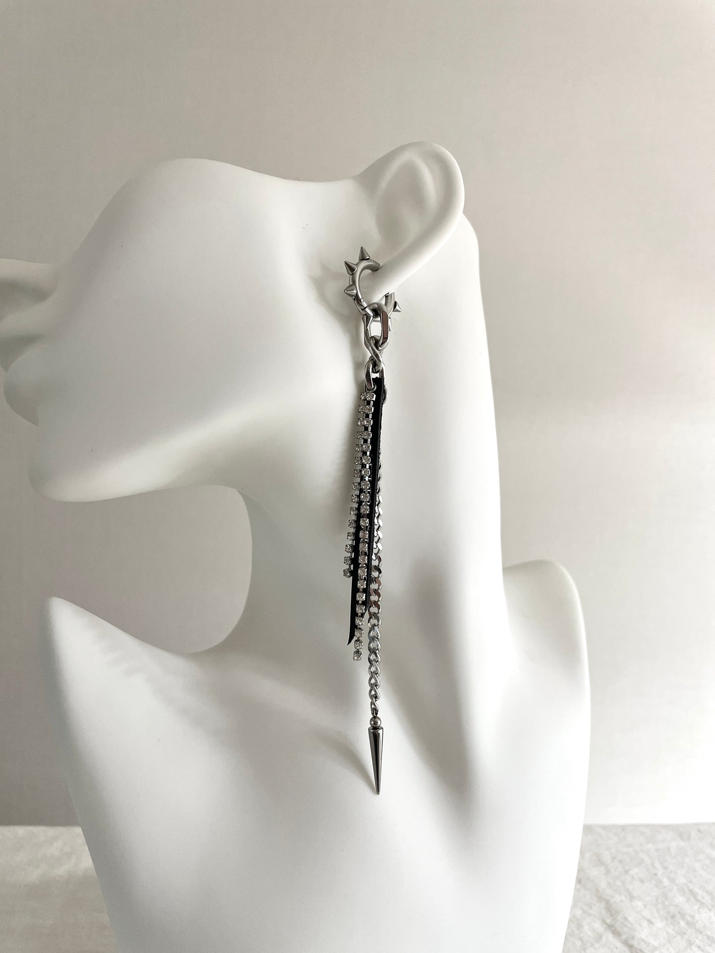 Ear Couture collection EC-4 long chain earrings leather drop Limited Edition Handcrafted - MEKERA STUDIOS