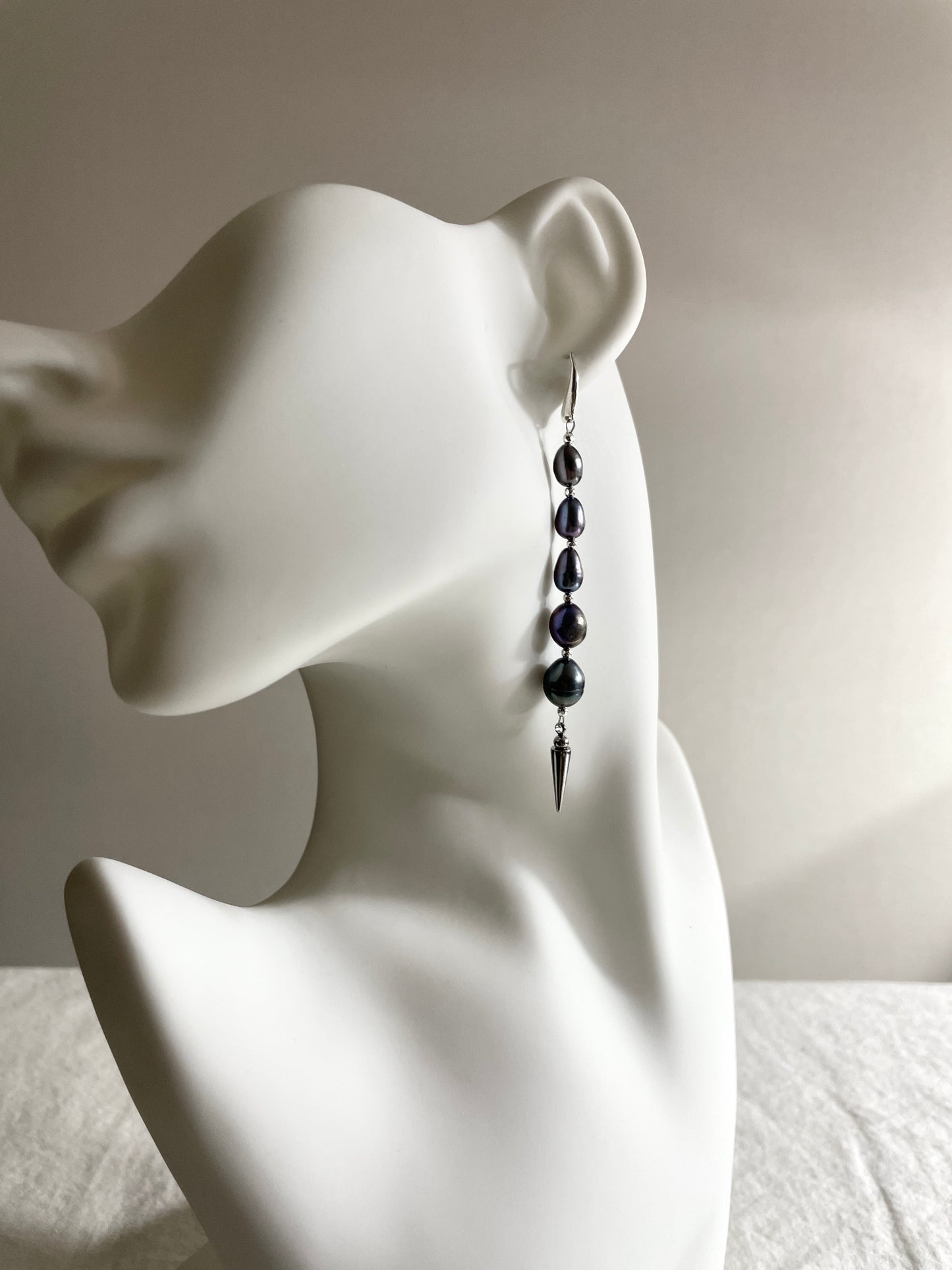 Ear Couture collection Black Pearl Spike earrings long chain drop EC-11 Limited Edition Handcrafted - MEKERA STUDIOS