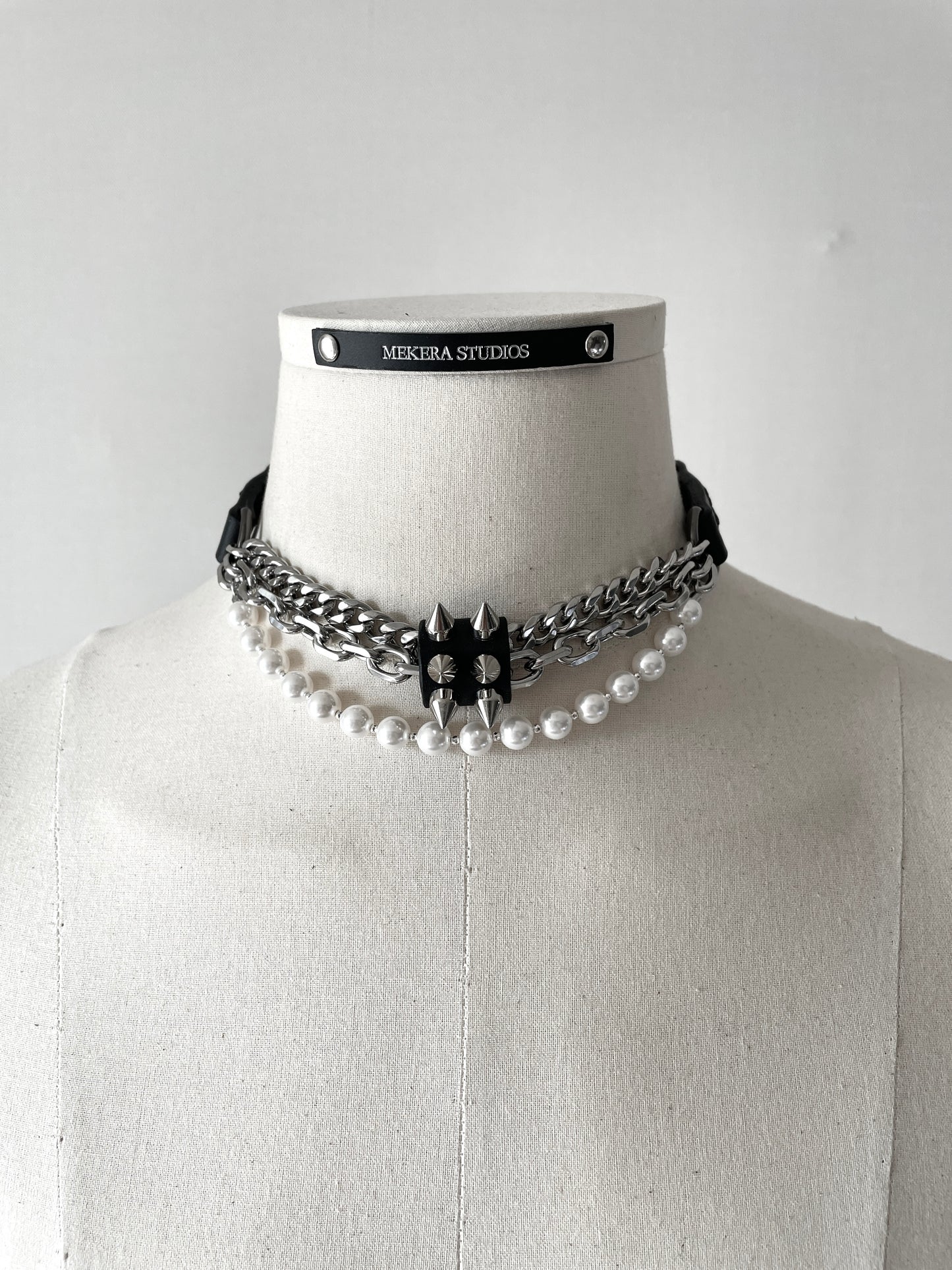 NP2-Pearl Leather Spike Choker Limited Edition Handcrafted - MEKERA STUDIOS