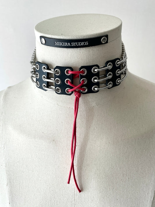 NP4 Red Corset Leather Choker Limited Edition Handcrafted - MEKERA STUDIOS