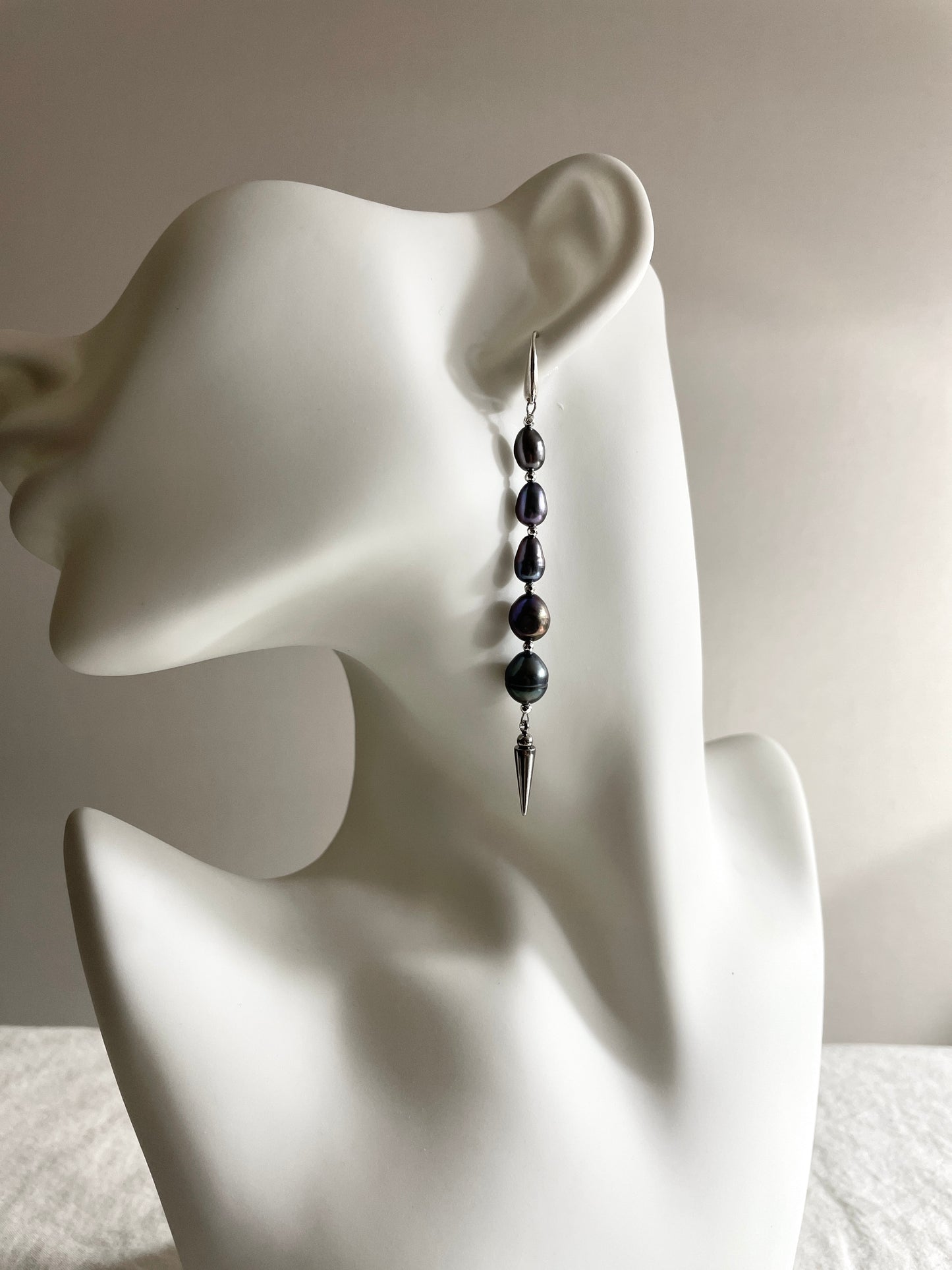 Ear Couture collection Black Pearl Spike earrings long chain drop EC-11 Limited Edition Handcrafted - MEKERA STUDIOS