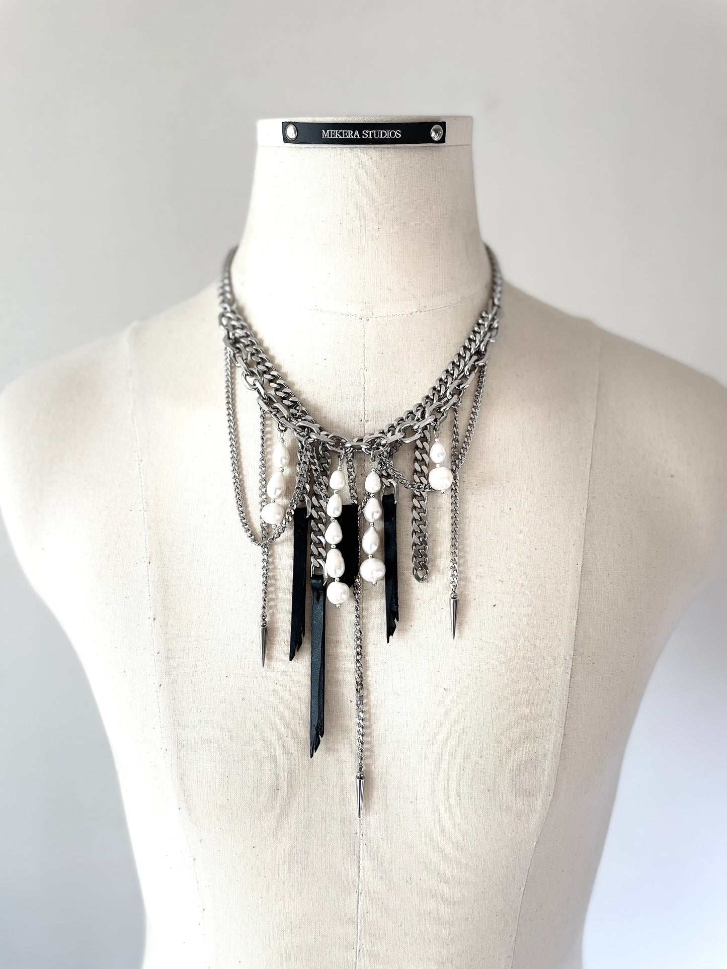 Wings5 - SOAR collection Pearl Spike Leather Limited Edition Handcrafted Necklace - MEKERA STUDIOS