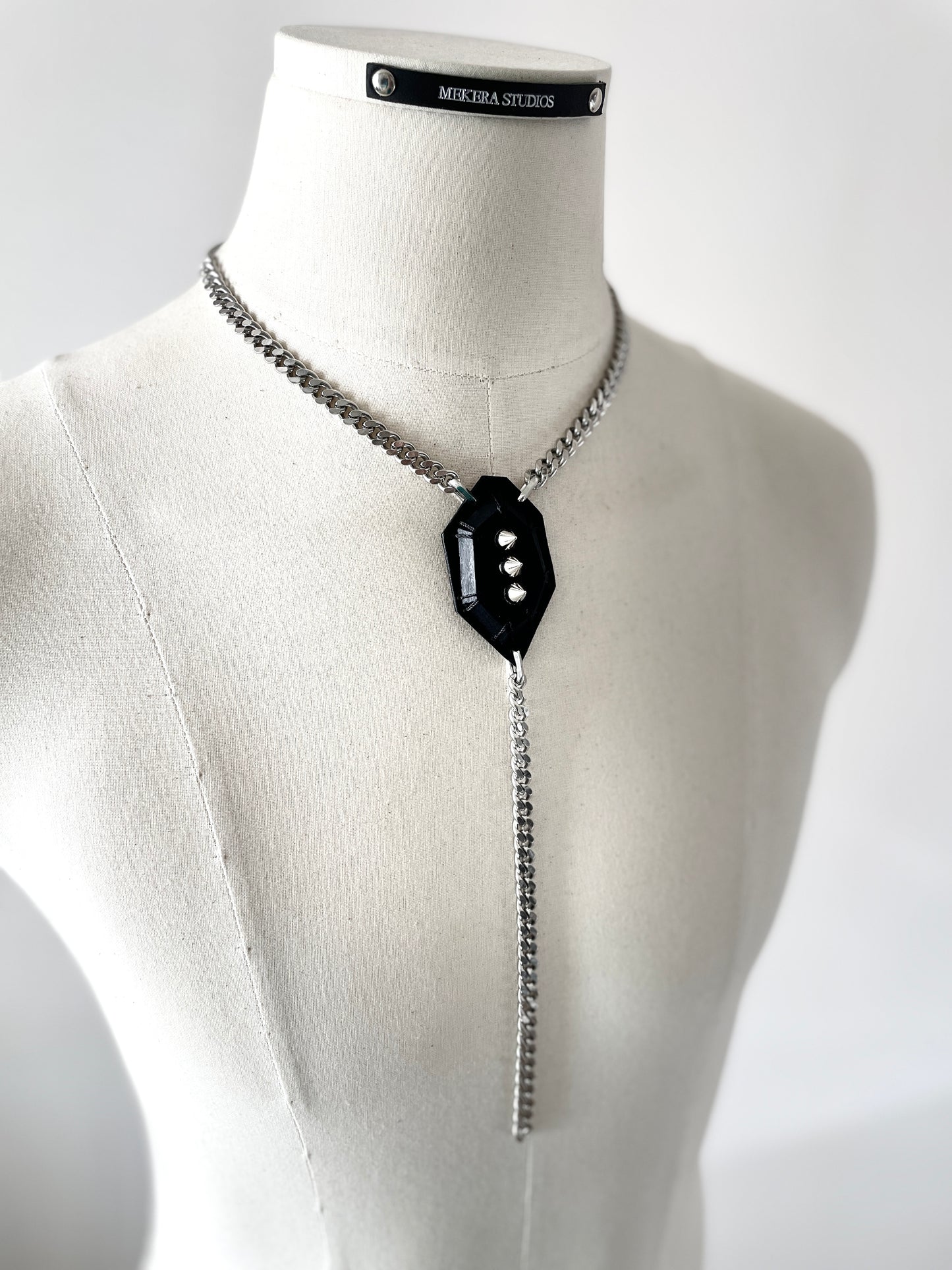 Leather Stone Oval 4 Spike Mekera Cut  Limited Edition Handcrafted Pendent Choker Y-chain necklace MEKERA STUDIOS