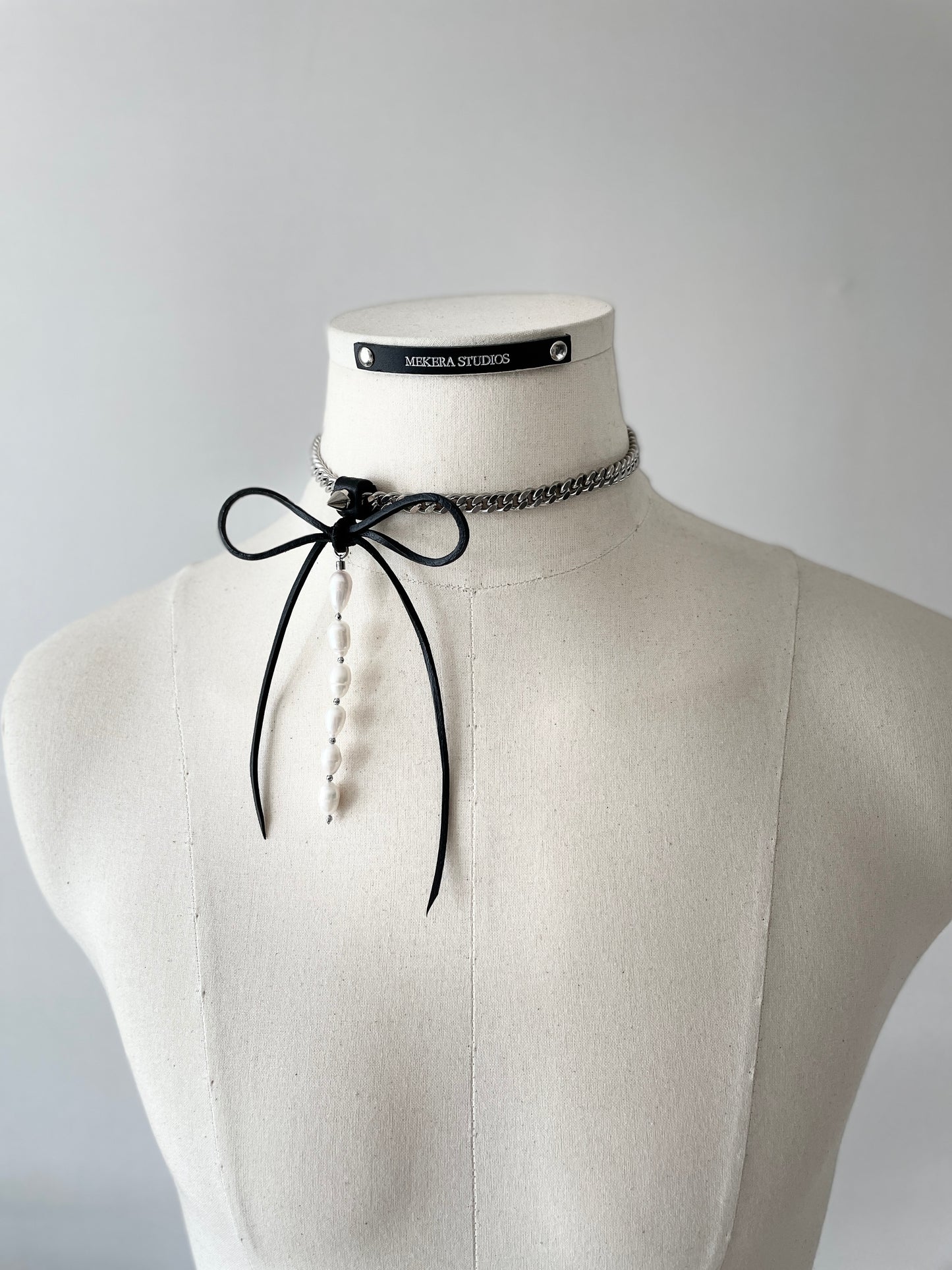 NR1 Leather Ribbon Choker Pearl Spike Limited Edition Handcrafted Necklace  For women For men-MEKERA STUDIOS