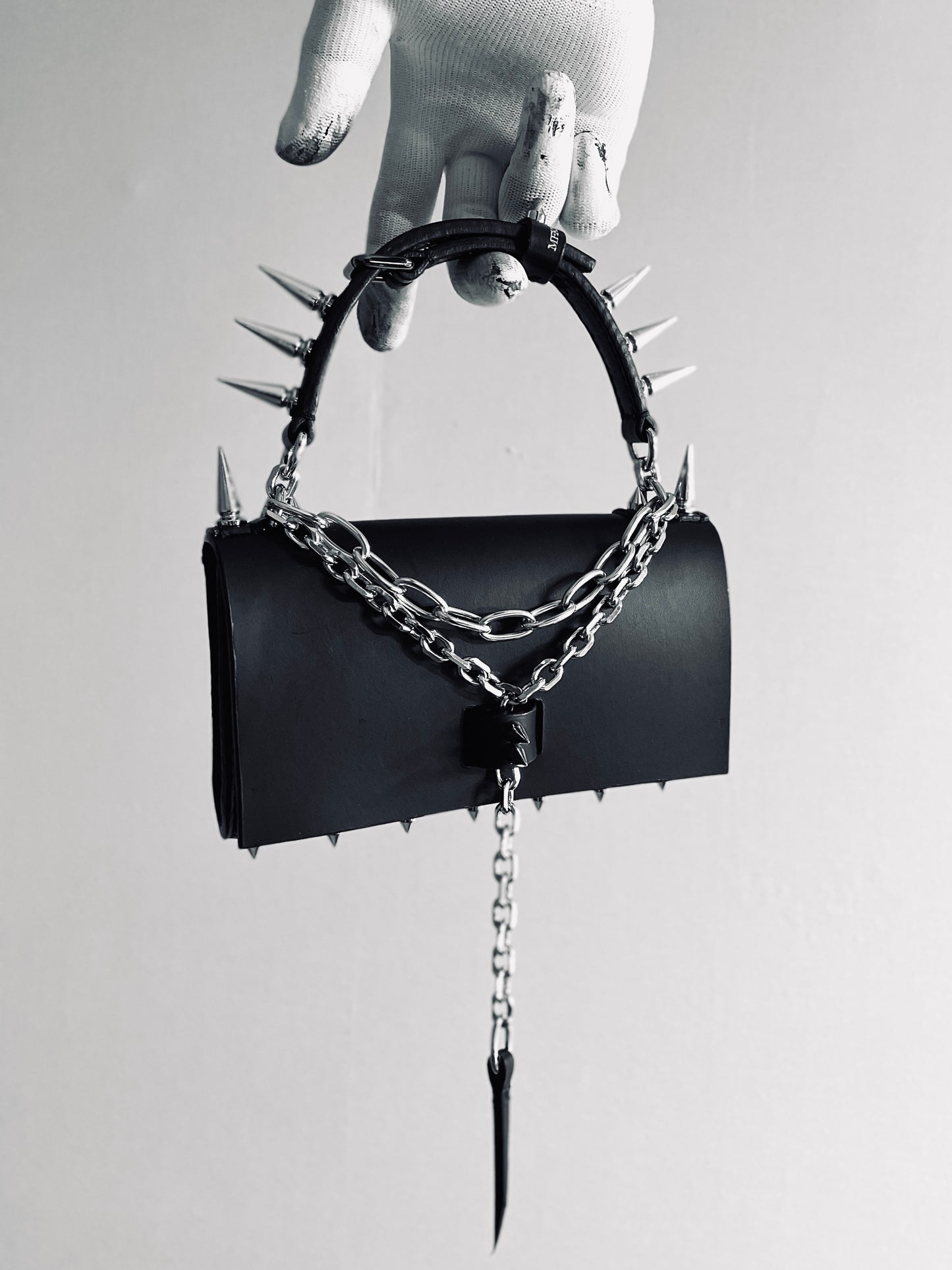 Finger Bag Limited Edition Handcrafted Clutch Leather Mini Spike Bag Black F4 - MEKERA STUDIOS