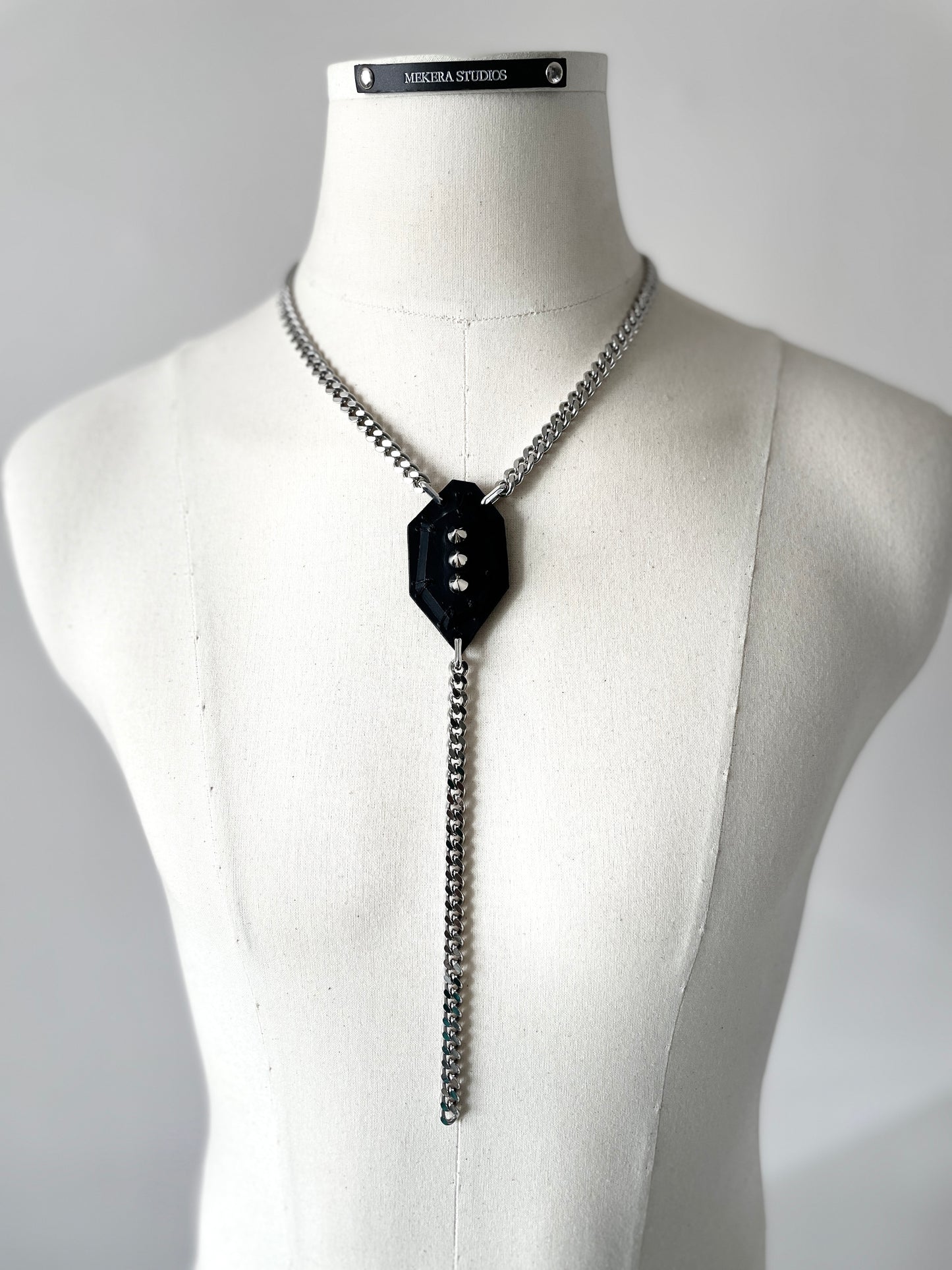 Leather Stone Oval 4 Spike Mekera Cut  Limited Edition Handcrafted Pendent Choker Y-chain necklace MEKERA STUDIOS