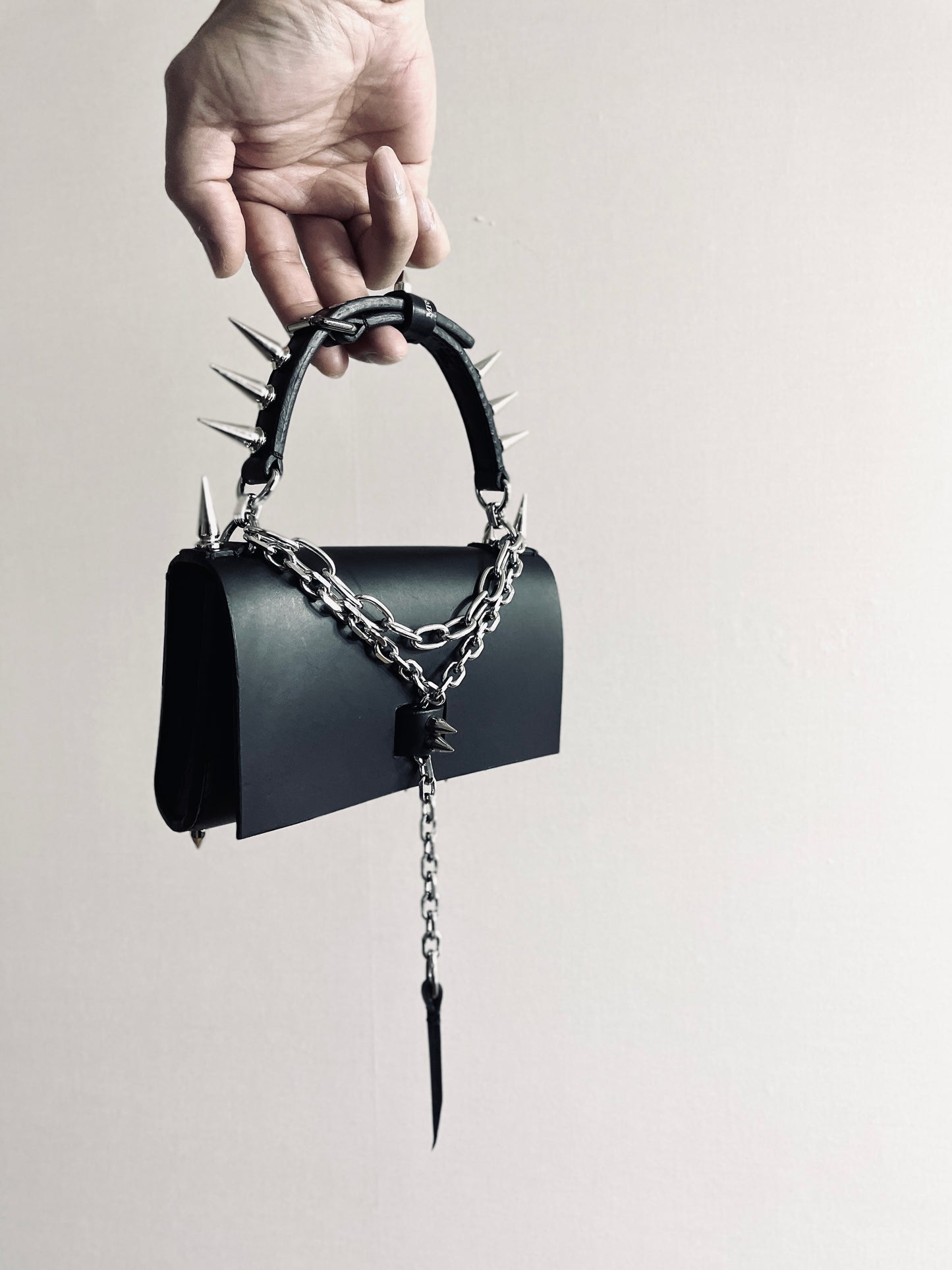 Finger Bag Limited Edition Handcrafted Clutch Leather Mini Spike Bag Black F4 - MEKERA STUDIOS