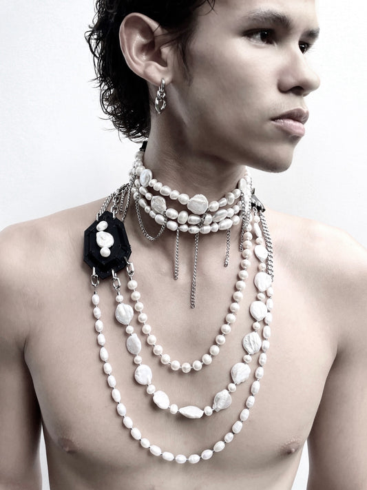 Mekera Cut Leather Stone Pearl 1 - Limited Edition Handcrafted Necklace MEKERA STUDIOS