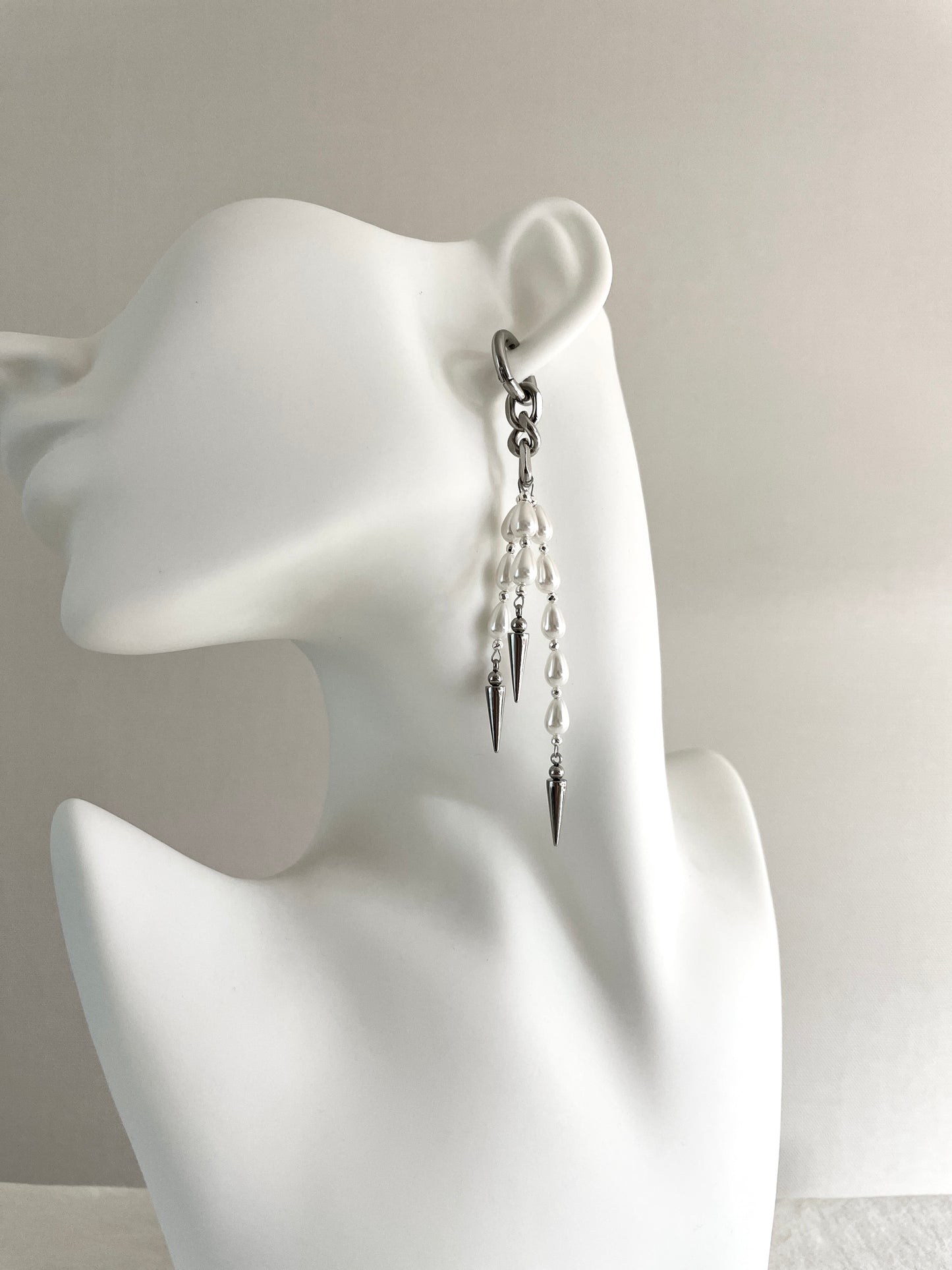 Ear Couture collection Pearl Spike earrings long chain drop EC-9 Limited Edition Handcrafted - MEKERA STUDIOS