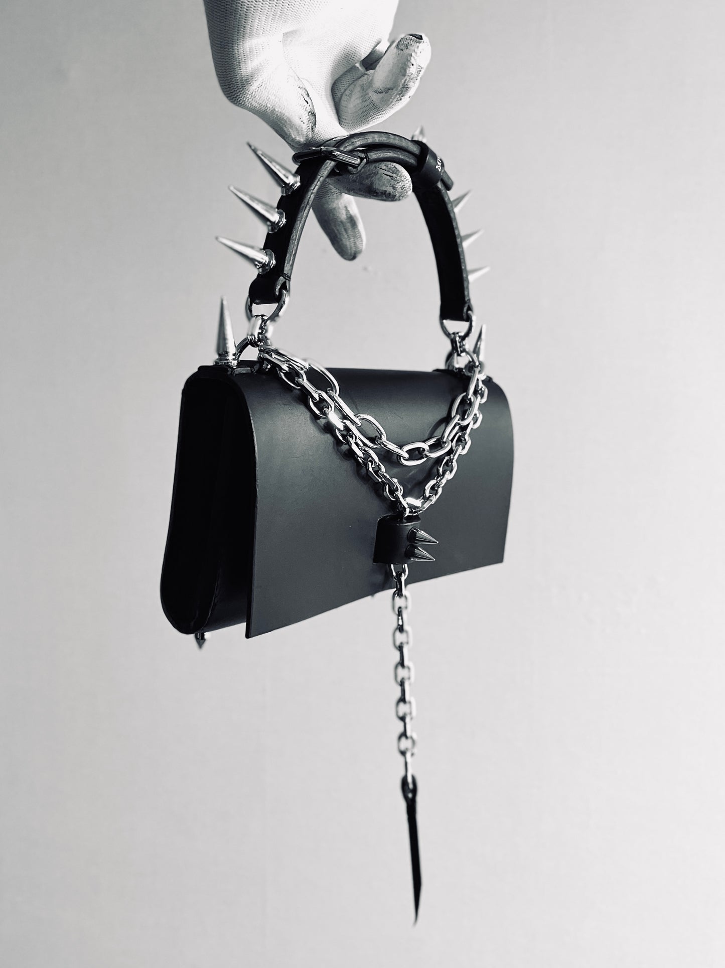 Finger Bag Limited Edition Handcrafted Clutch Leather Mini Spike Bag Black F4 - MEKERA STUDIOS