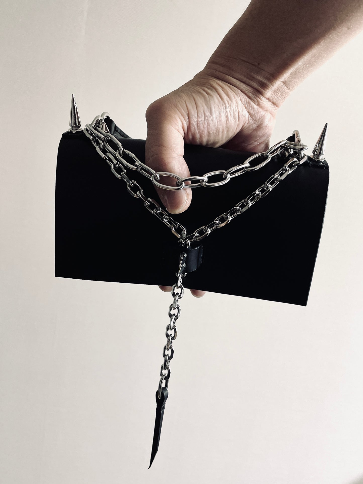 Finger Bag Limited Edition Handcrafted Clutch Leather Mini Spike Bag Black F4 - MEKERA STUDIOS