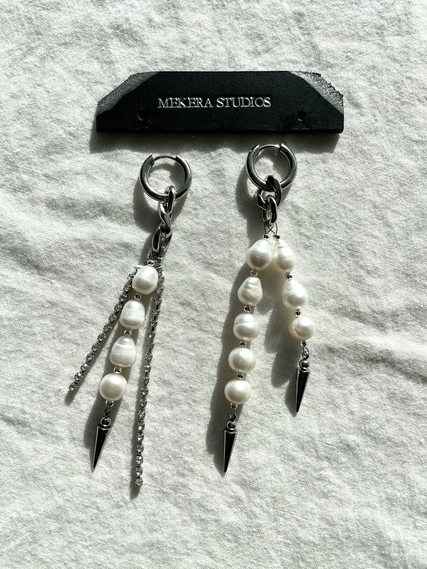 Ear Couture collection Pearl Spike earrings long chain drop EC-8 Limited Edition Handcrafted - MEKERA STUDIOS