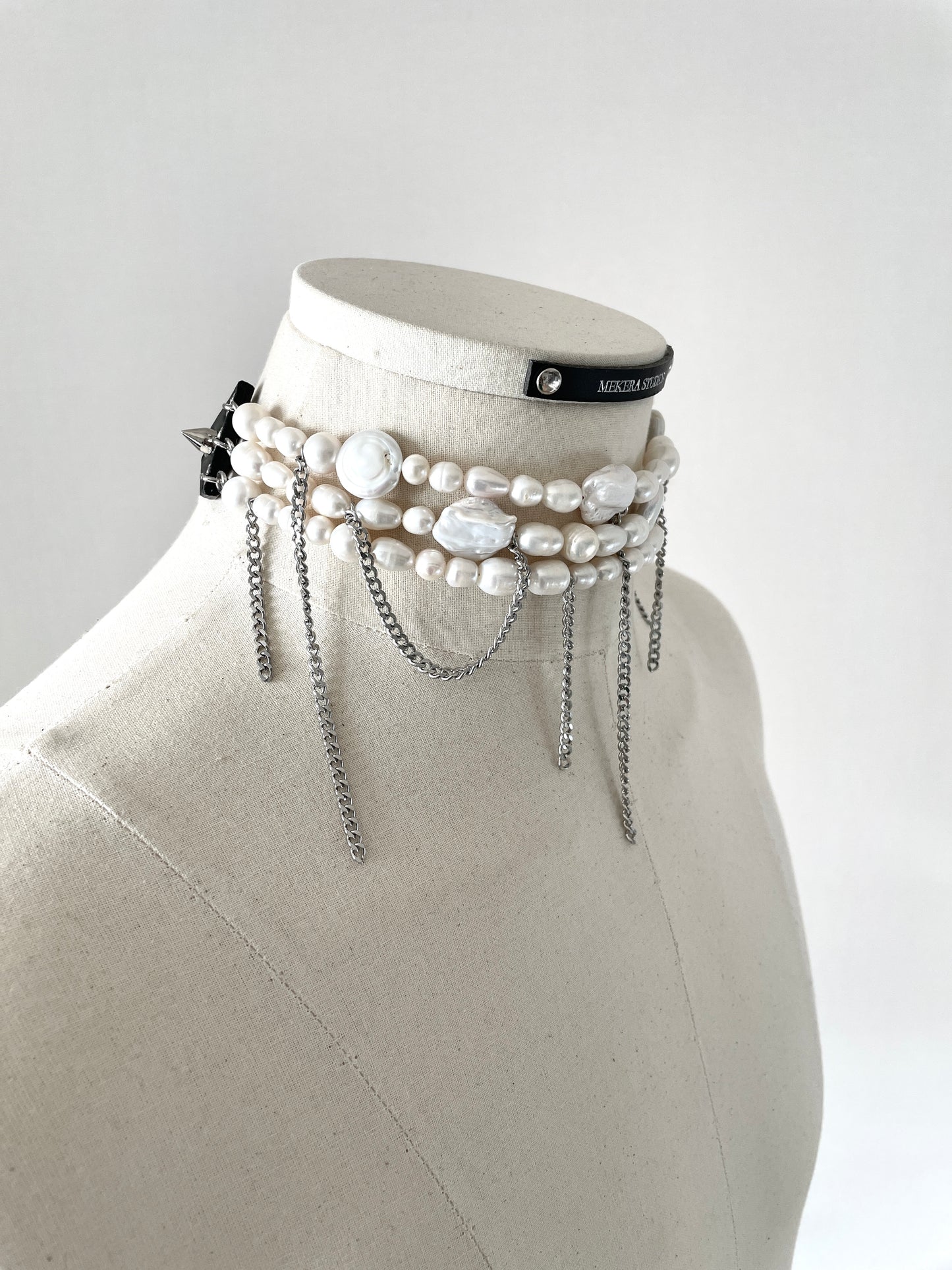 PL2 Pearl & Leather Choker  Limited Edition Handcrafted Necklace Choker Spike -MEKERA STUDIOS