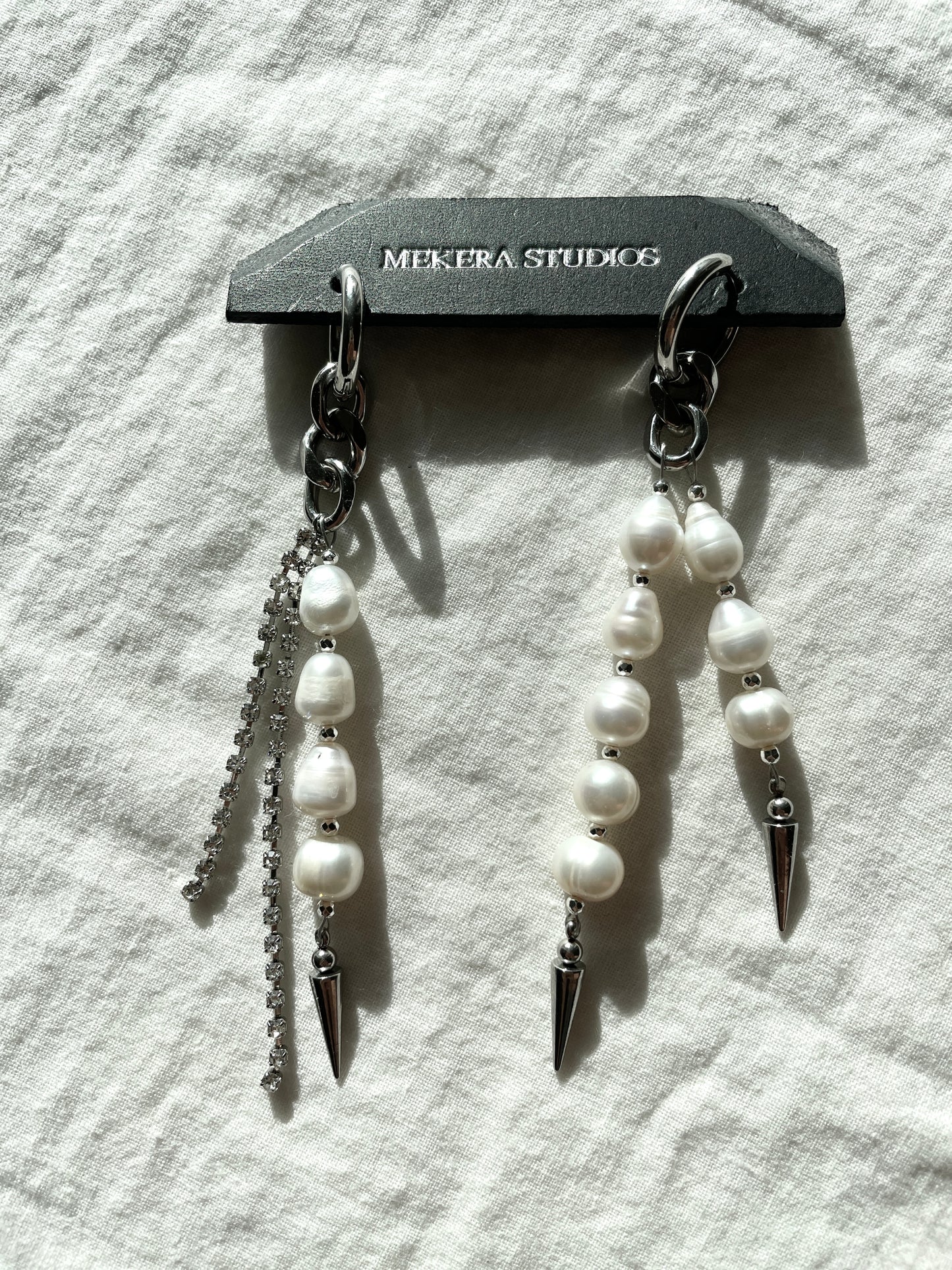 Ear Couture collection Pearl Spike earrings long chain drop EC-8 Limited Edition Handcrafted - MEKERA STUDIOS