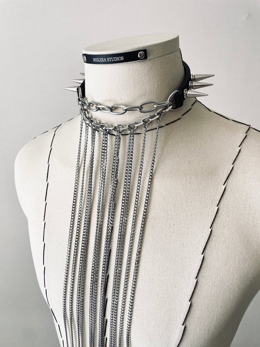 LX7-Spike Choker Necklace Leather Long Chain - MEKERA STUDIOS