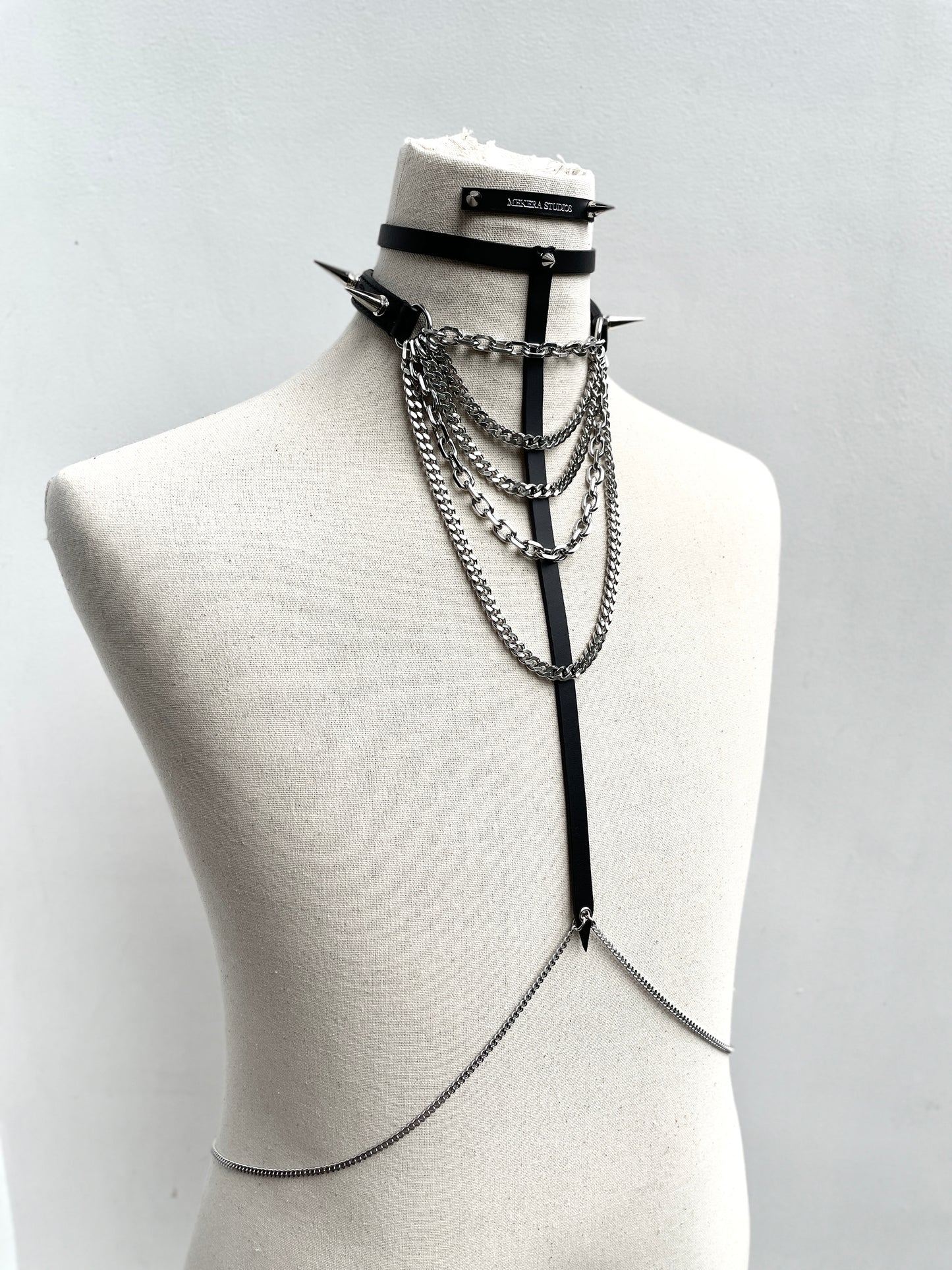 T4-Body Chain Choker Limited Edition Handcrafted Spike Leather-MEKERA STUDIOS