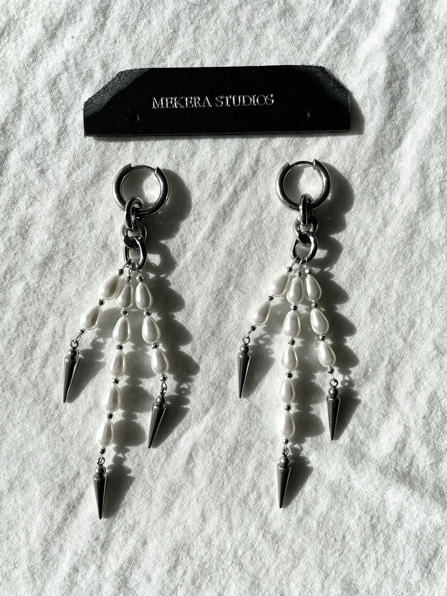 Ear Couture collection Pearl Spike earrings long chain drop EC-9 Limited Edition Handcrafted - MEKERA STUDIOS