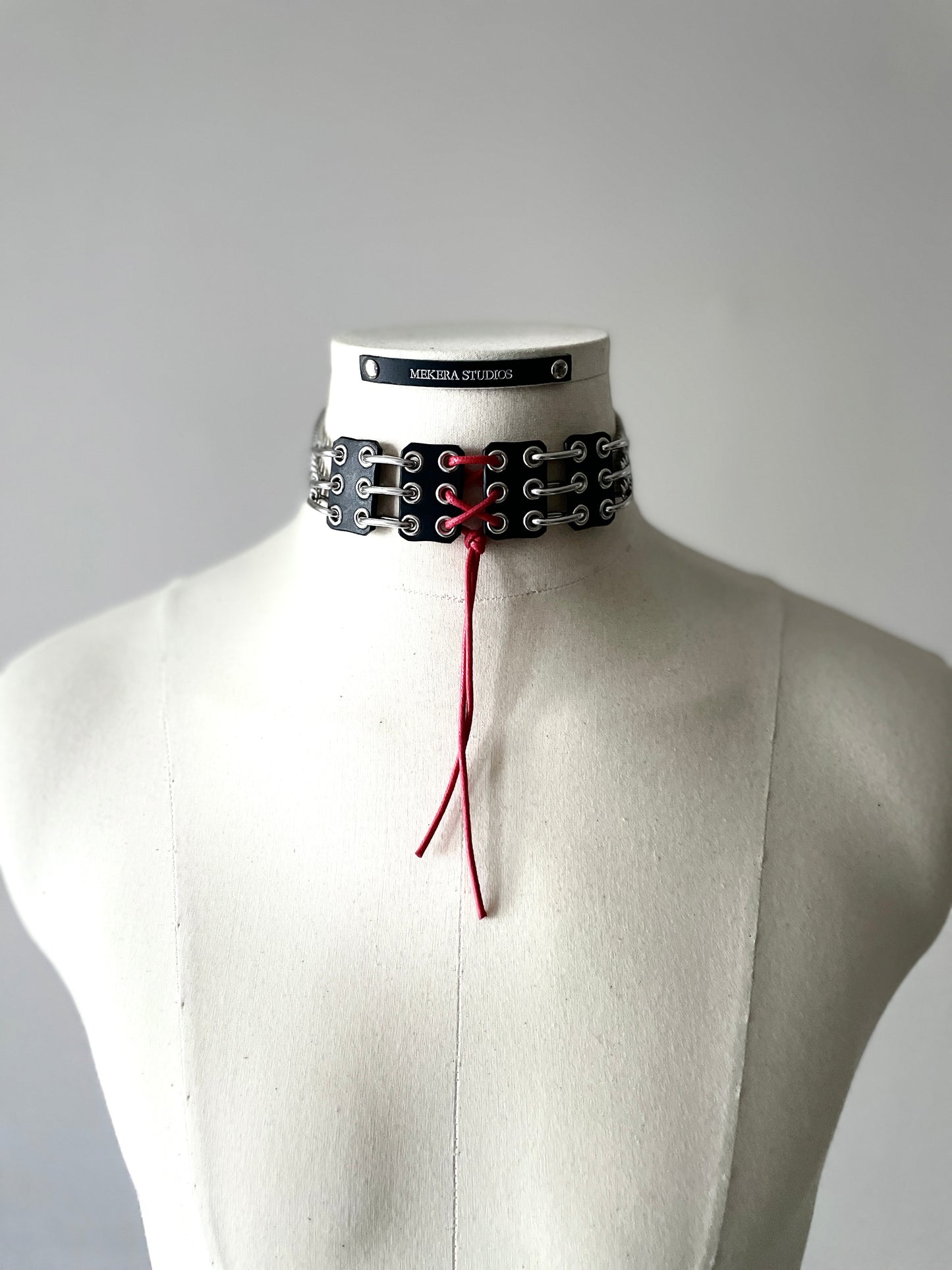 NP4 Red Corset Leather Choker Limited Edition Handcrafted - MEKERA STUDIOS