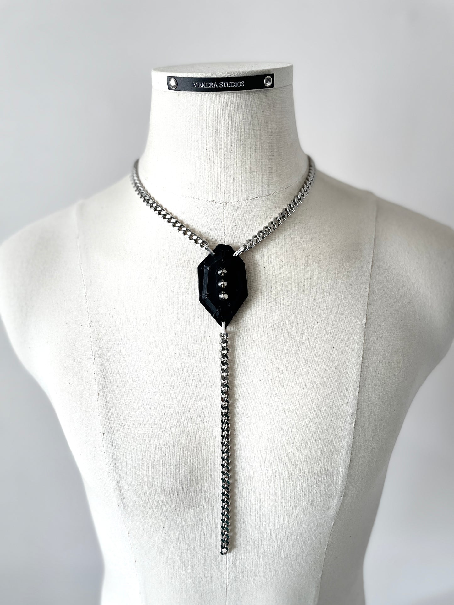 Leather Stone Oval 4 Spike Mekera Cut  Limited Edition Handcrafted Pendent Choker Y-chain necklace MEKERA STUDIOS