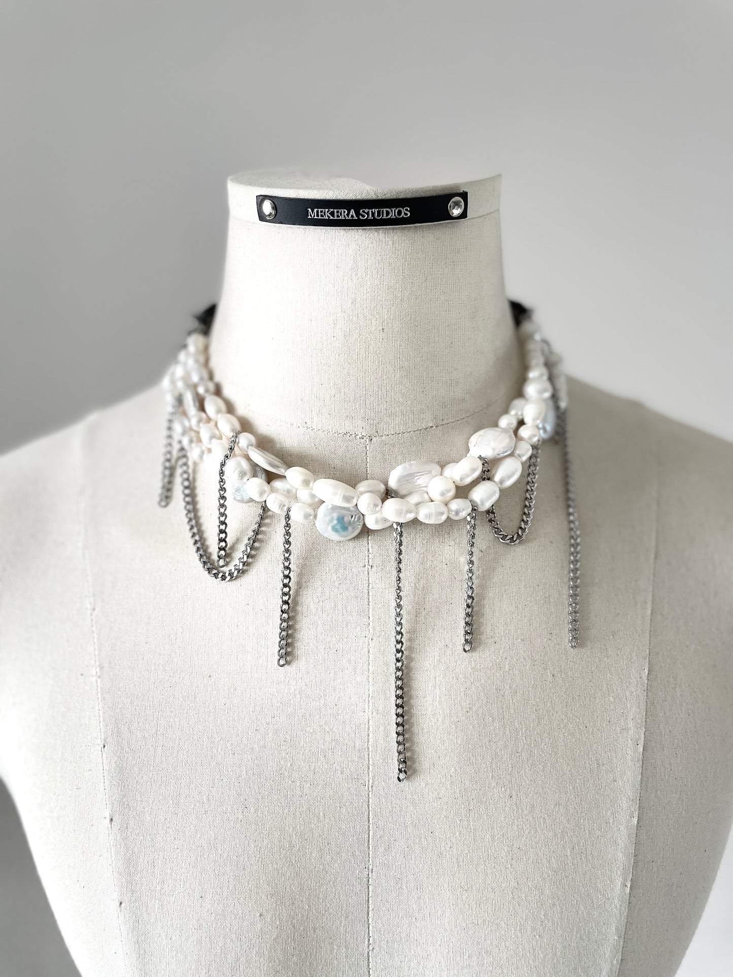 PL2 Pearl & Leather Choker  Limited Edition Handcrafted Necklace Choker Spike -MEKERA STUDIOS