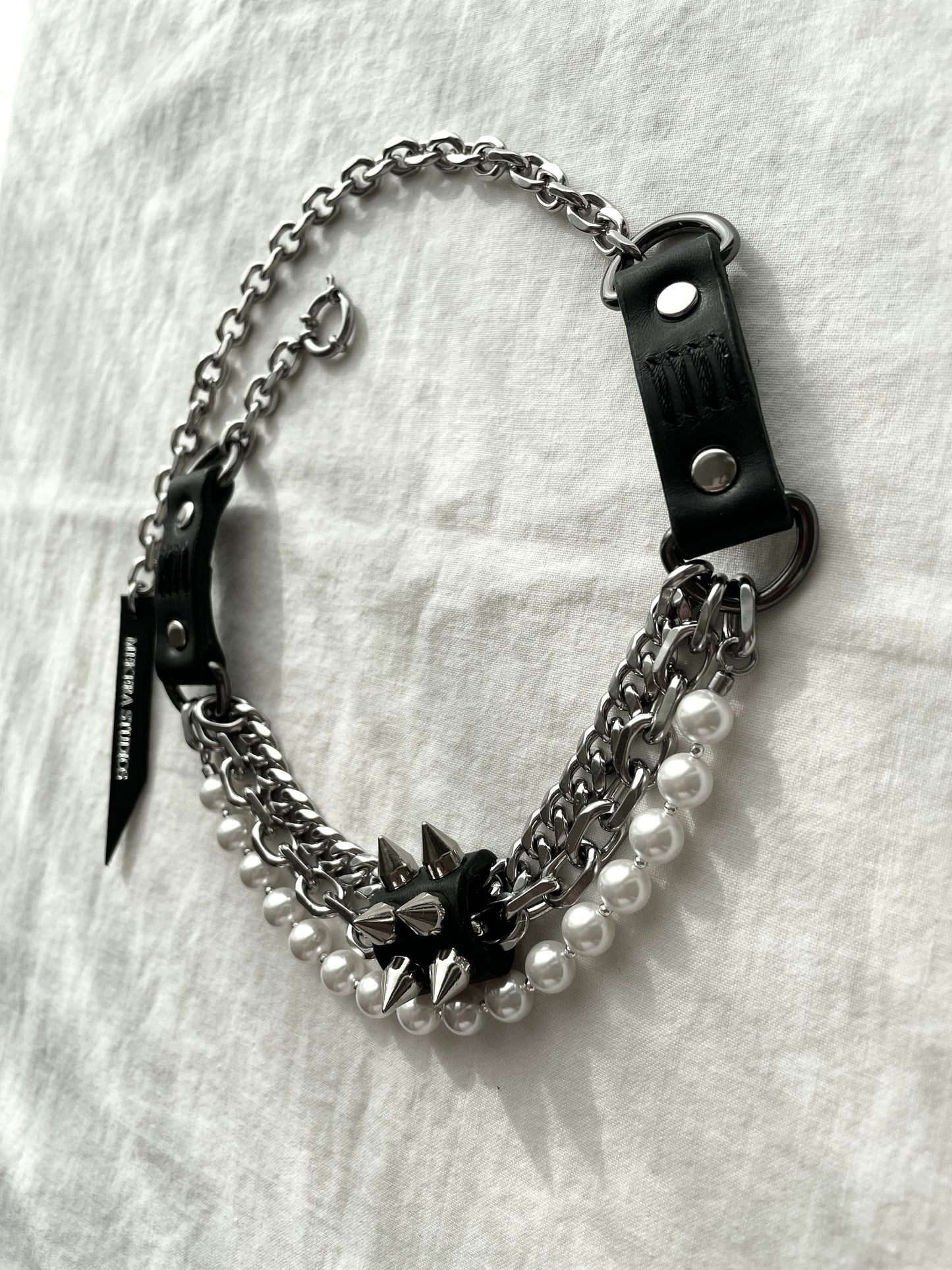 NP2-Pearl Leather Spike Choker Limited Edition Handcrafted - MEKERA STUDIOS