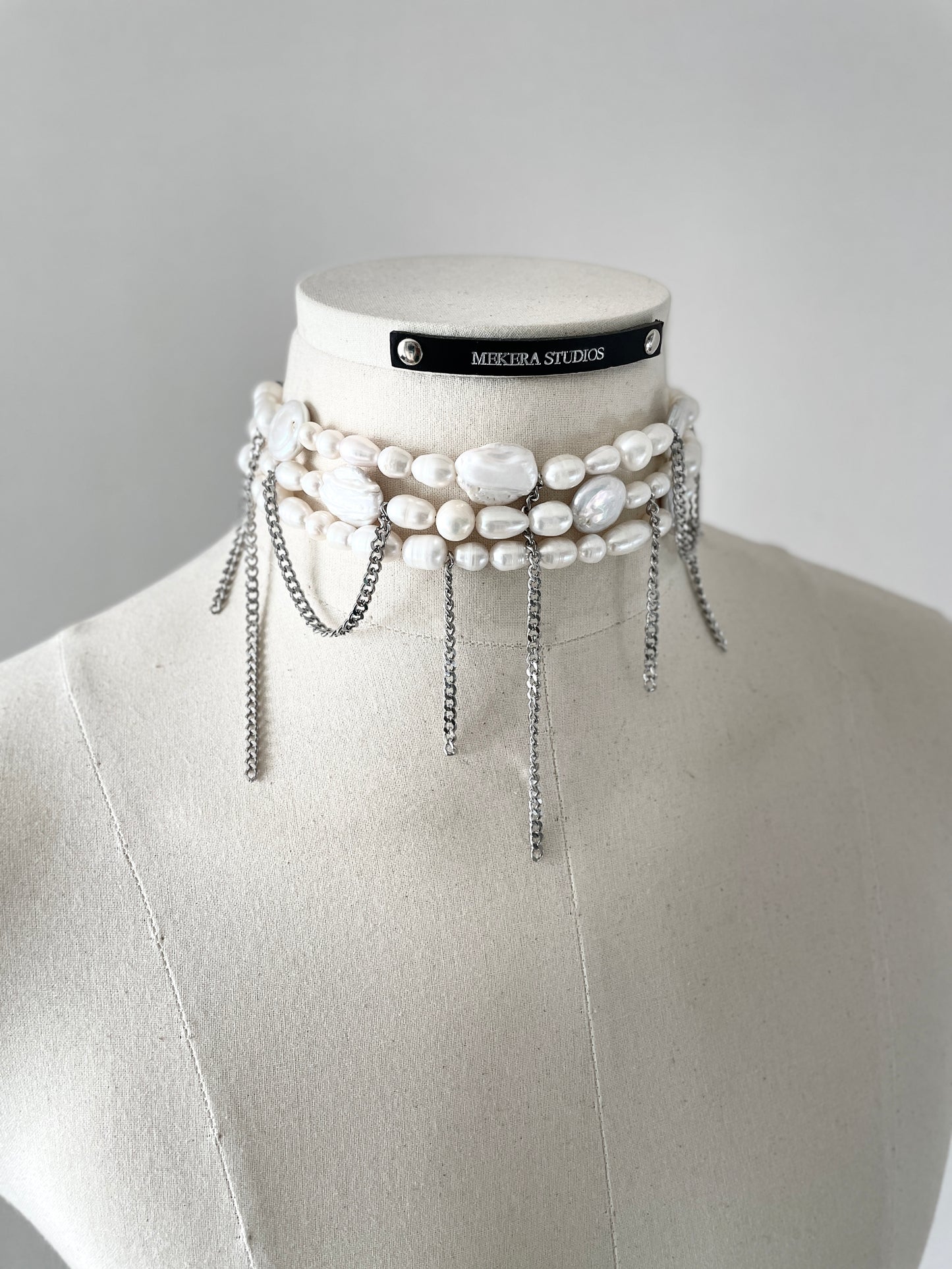 PL2 Pearl & Leather Choker  Limited Edition Handcrafted Necklace Choker Spike -MEKERA STUDIOS