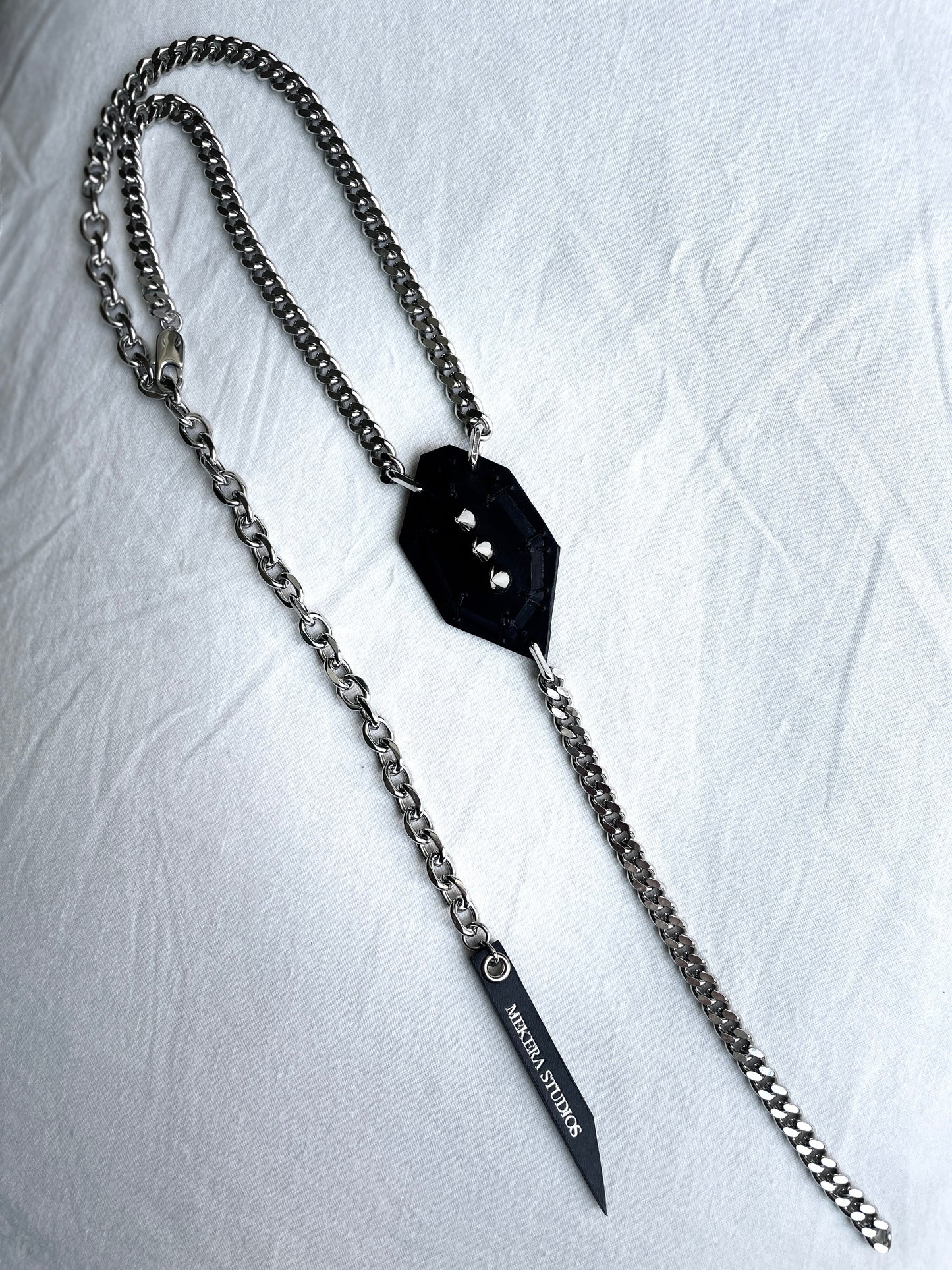 Leather Stone Oval 4 Spike Mekera Cut  Limited Edition Handcrafted Pendent Choker Y-chain necklace MEKERA STUDIOS