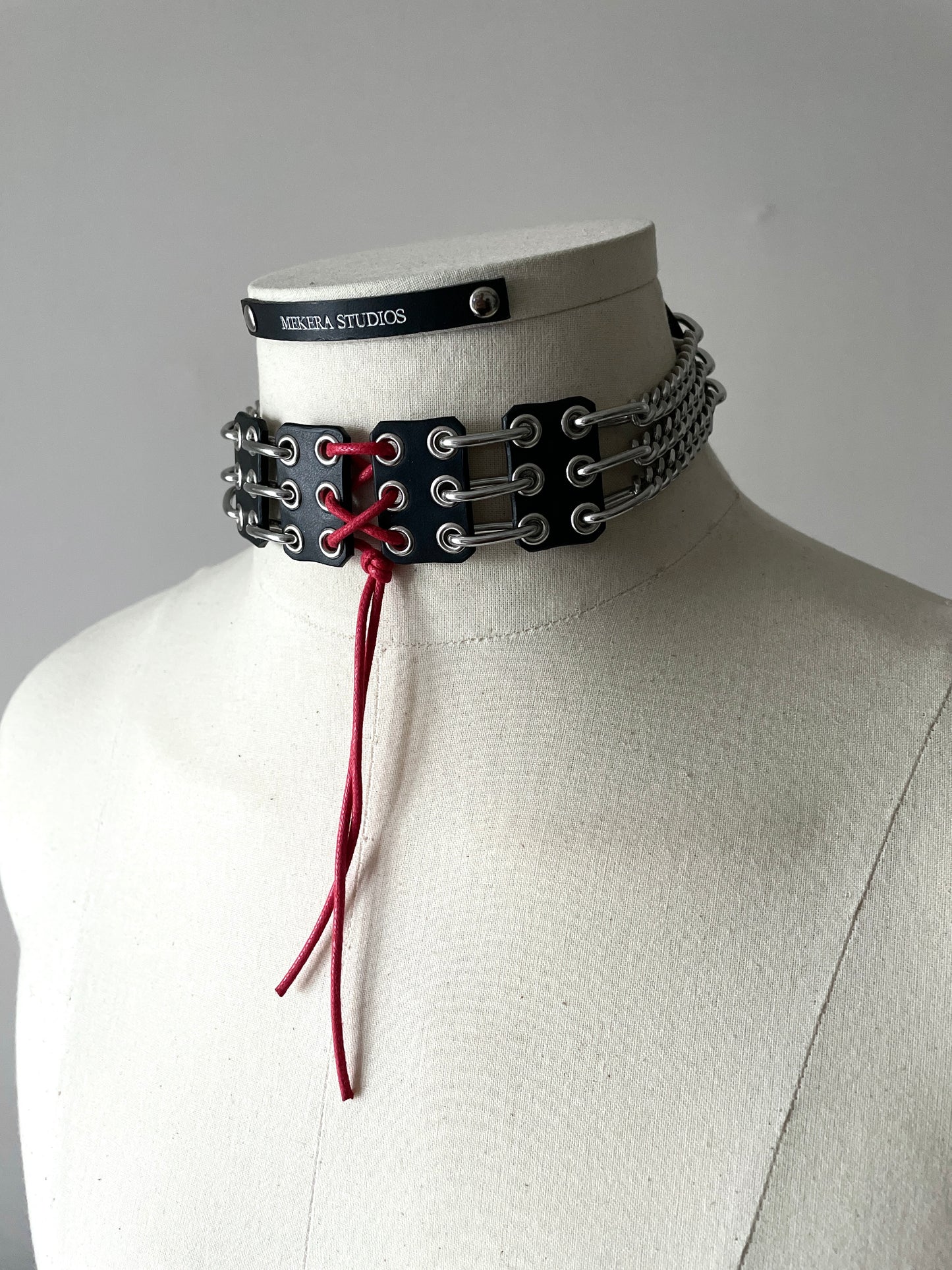 NP4 Red Corset Leather Choker Limited Edition Handcrafted - MEKERA STUDIOS