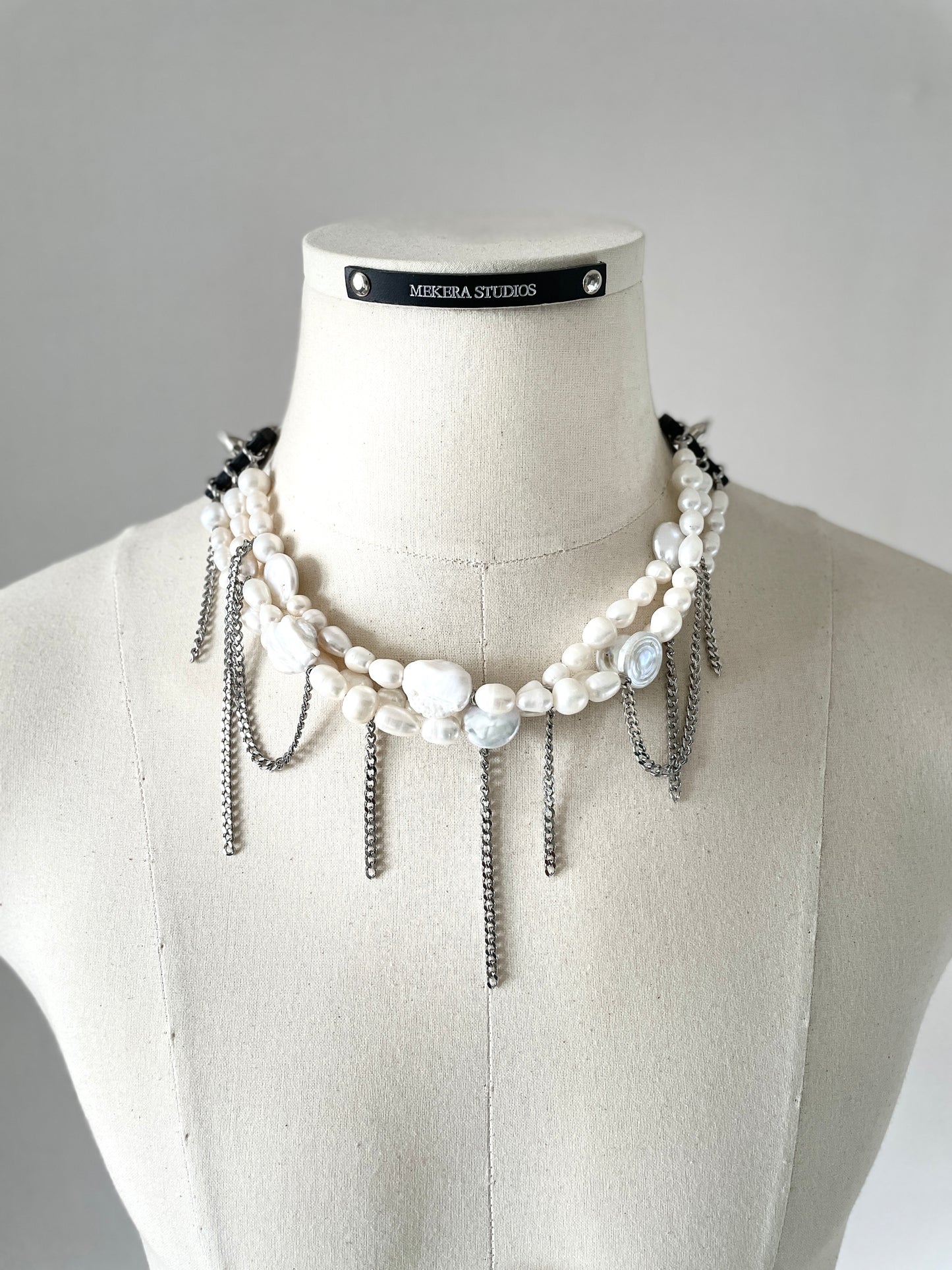 PL2 Pearl & Leather Choker  Limited Edition Handcrafted Necklace Choker Spike -MEKERA STUDIOS