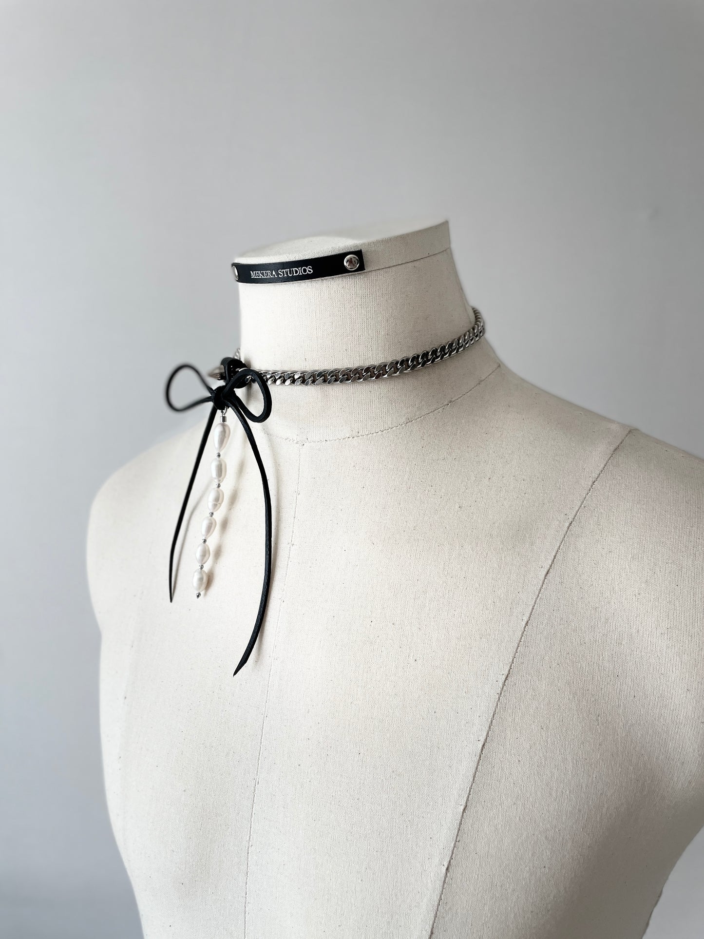 NR1 Leather Ribbon Choker Pearl Spike Limited Edition Handcrafted Necklace  For women For men-MEKERA STUDIOS