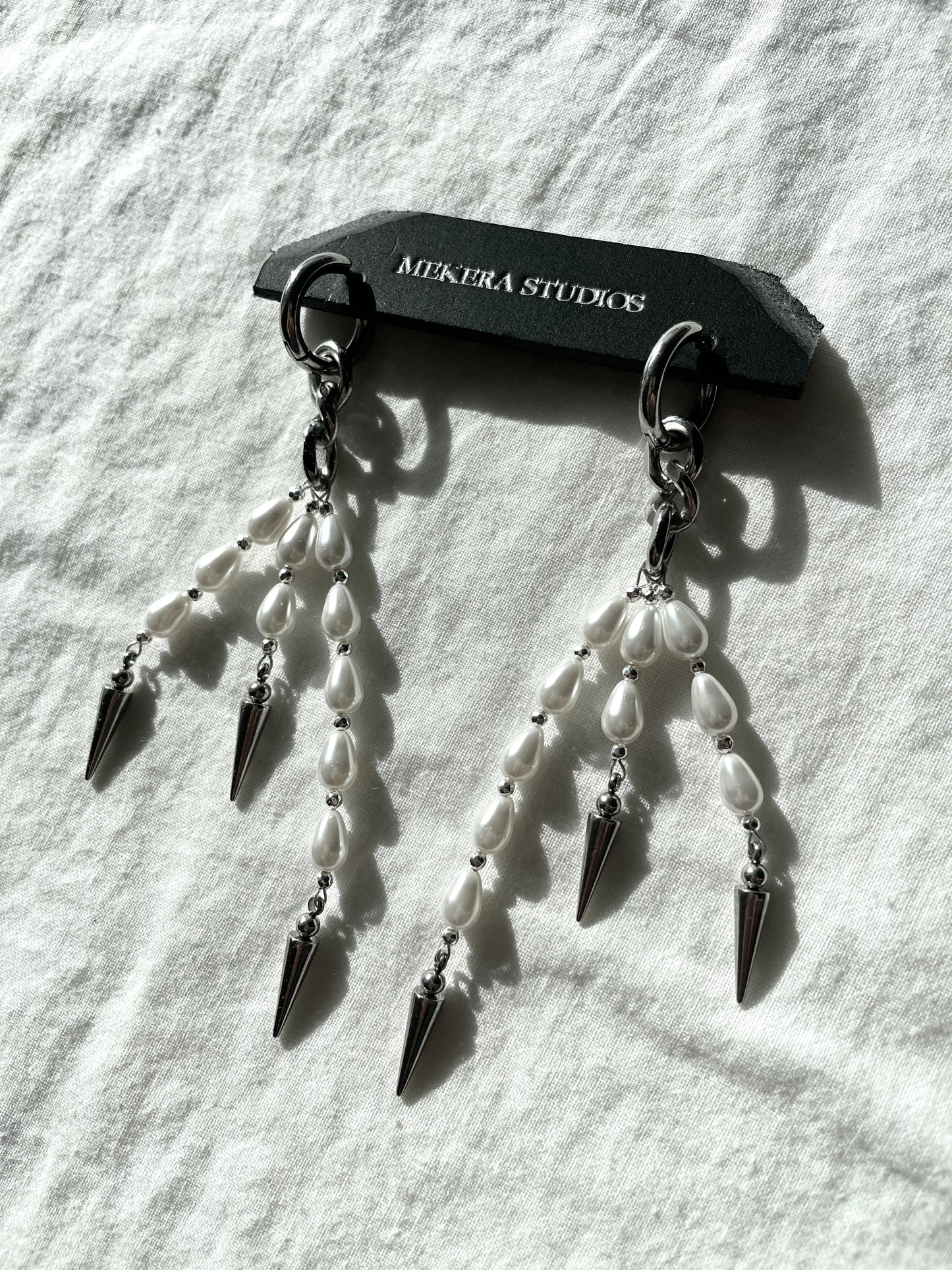 Ear Couture collection Pearl Spike earrings long chain drop EC-9 Limited Edition Handcrafted - MEKERA STUDIOS