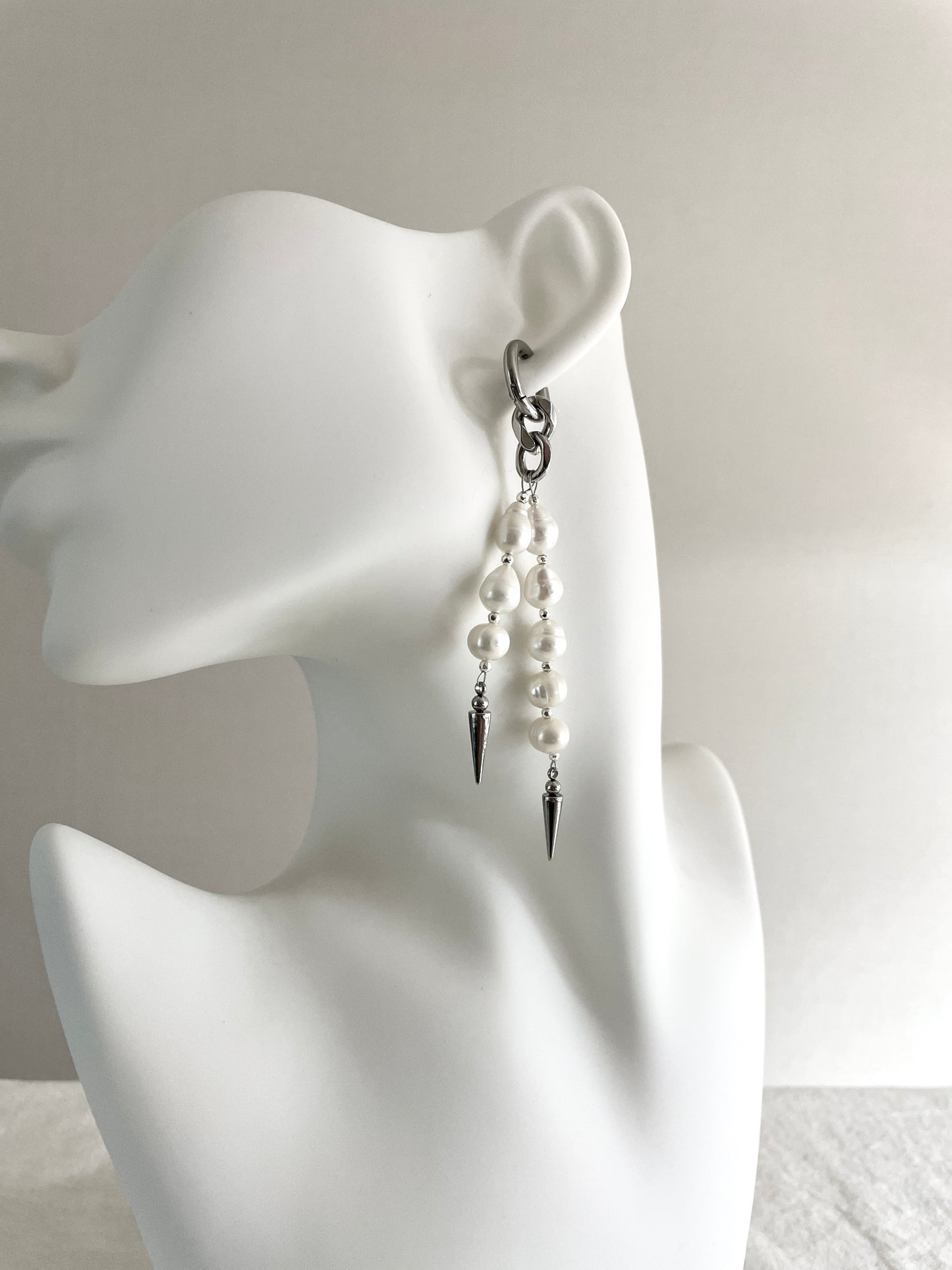 Ear Couture collection Pearl Spike earrings long chain drop EC-8 Limited Edition Handcrafted - MEKERA STUDIOS