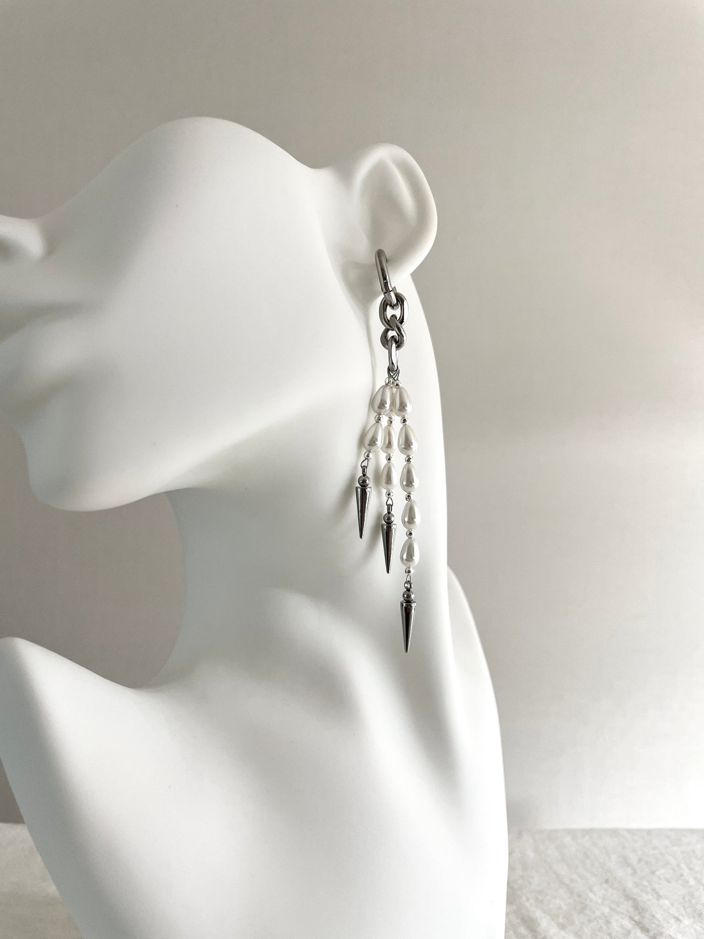 Ear Couture collection Pearl Spike earrings long chain drop EC-9 Limited Edition Handcrafted - MEKERA STUDIOS