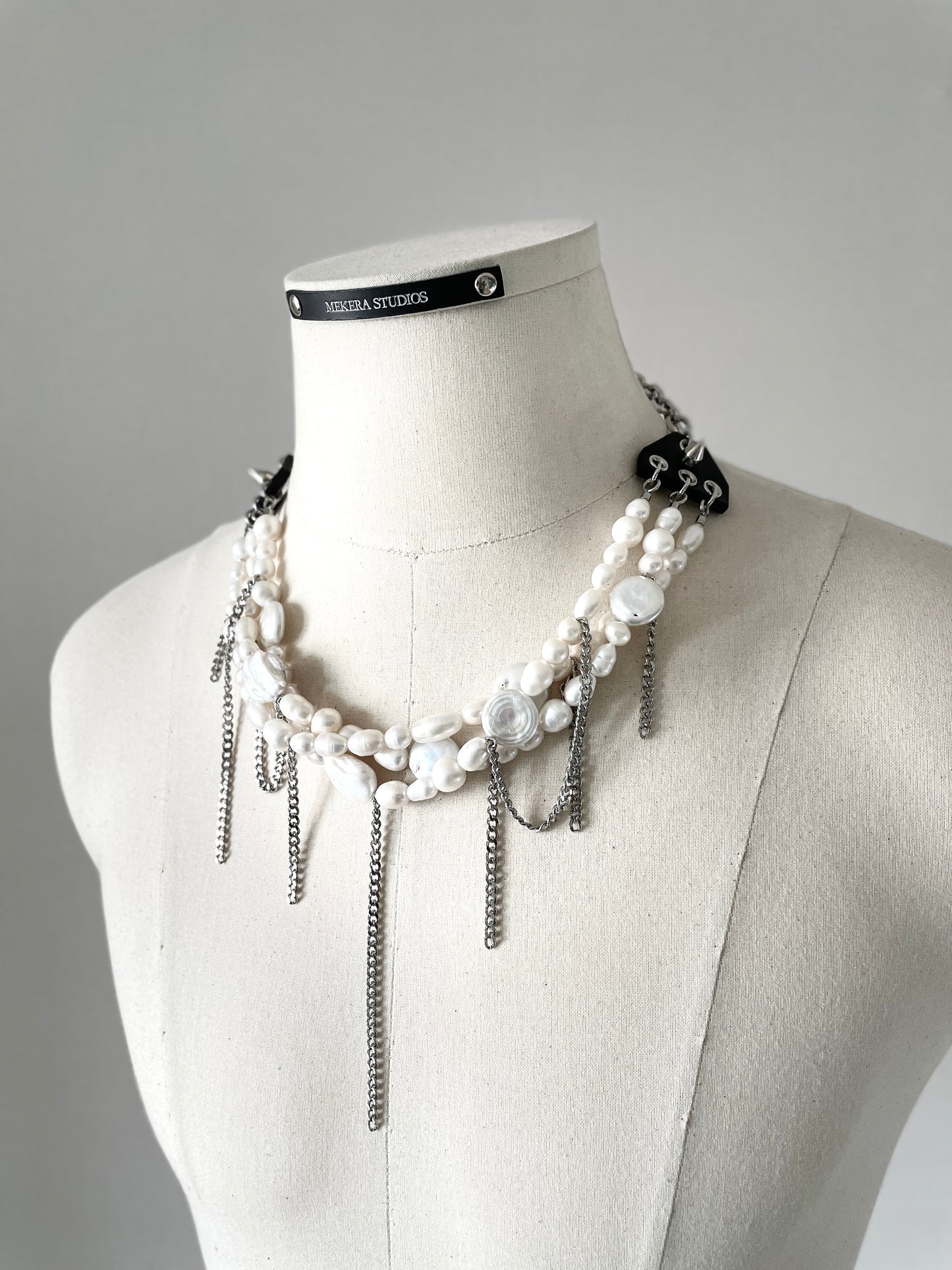 PL2 Pearl & Leather Choker  Limited Edition Handcrafted Necklace Choker Spike -MEKERA STUDIOS