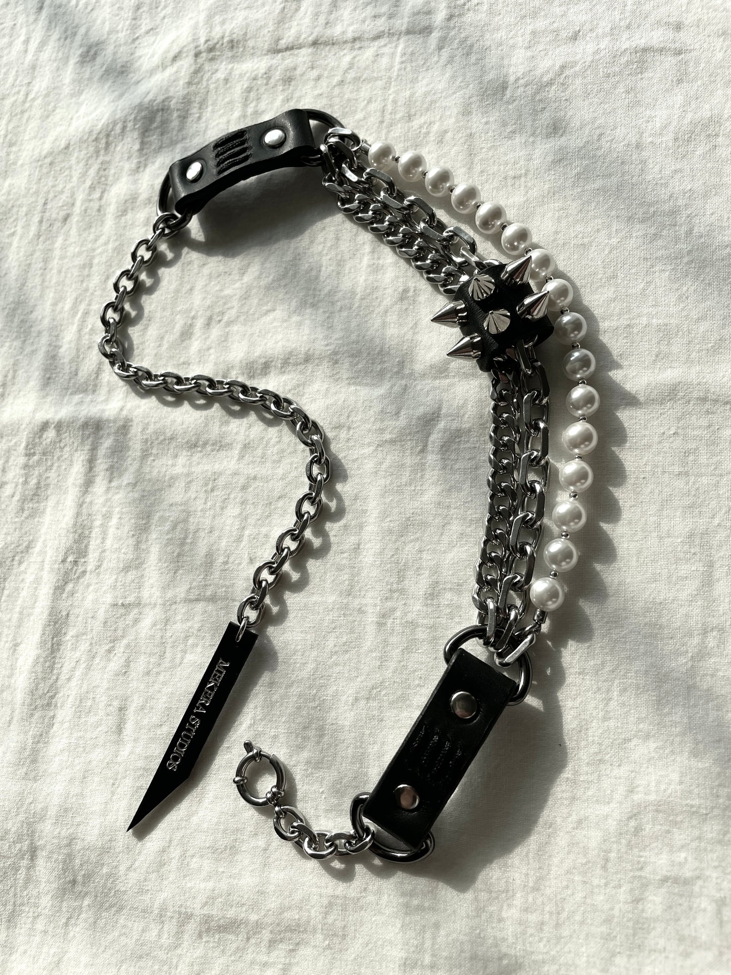 NP2-Pearl Leather Spike Choker Limited Edition Handcrafted - MEKERA STUDIOS