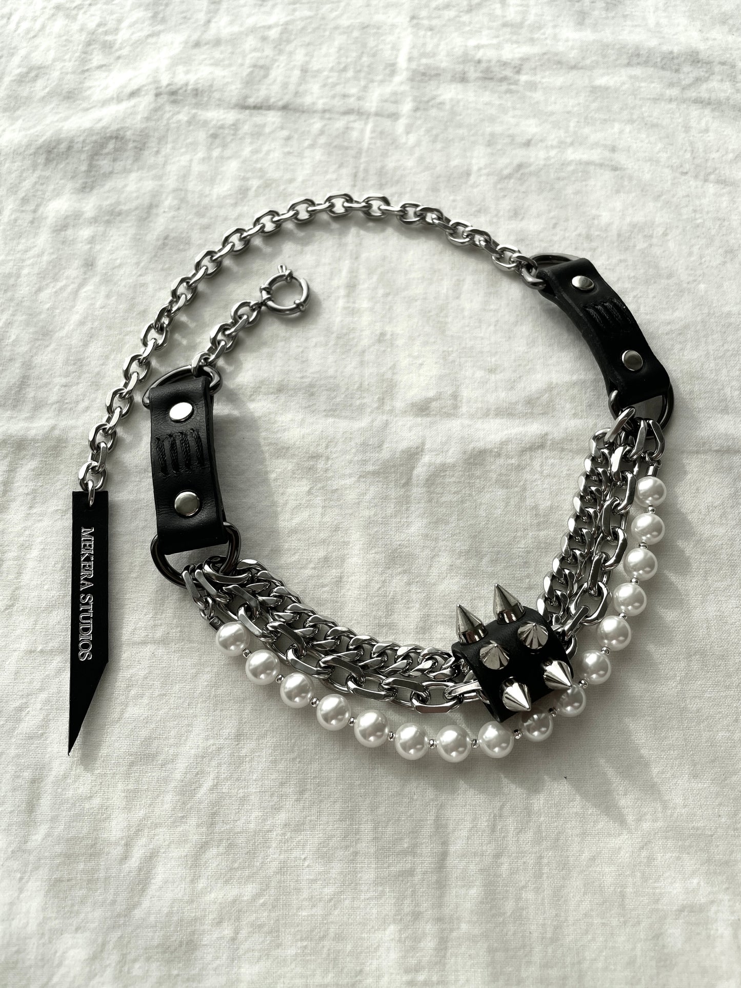 NP2-Pearl Leather Spike Choker Limited Edition Handcrafted - MEKERA STUDIOS